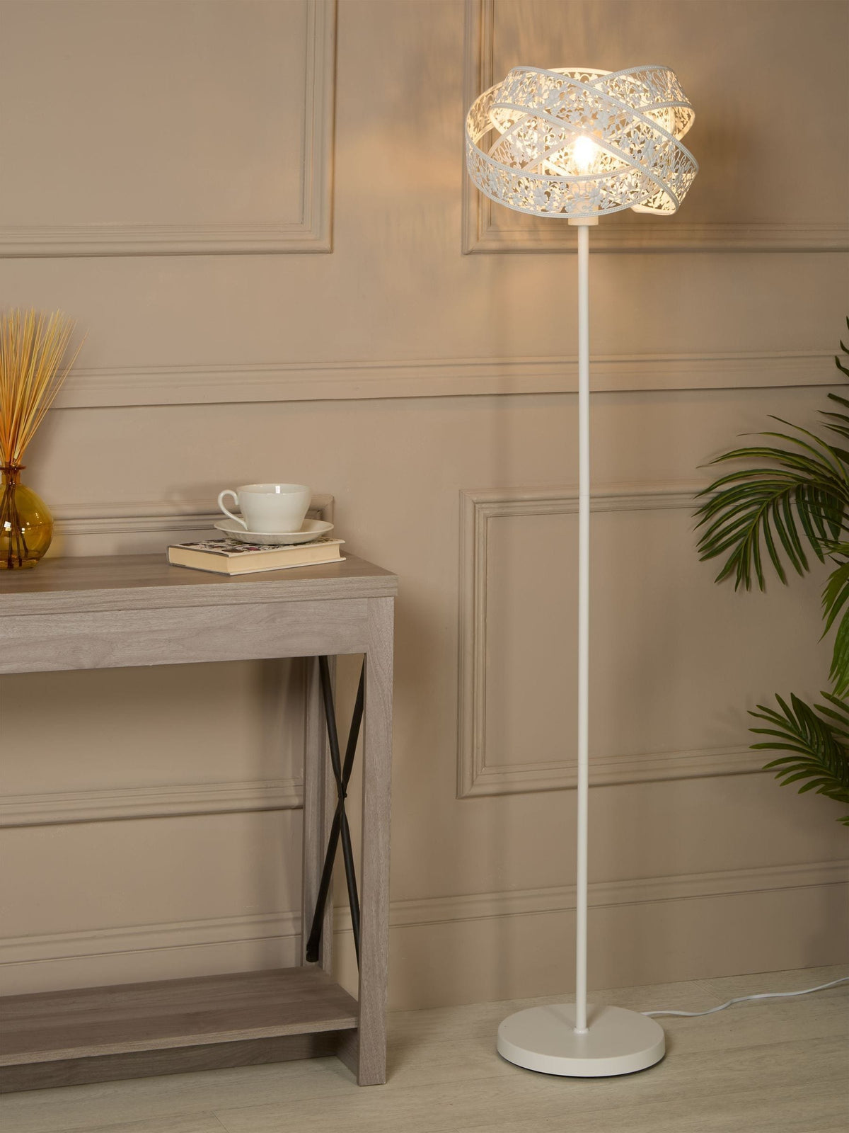 Searchlight white Petra fretwork floor lamp, UK version