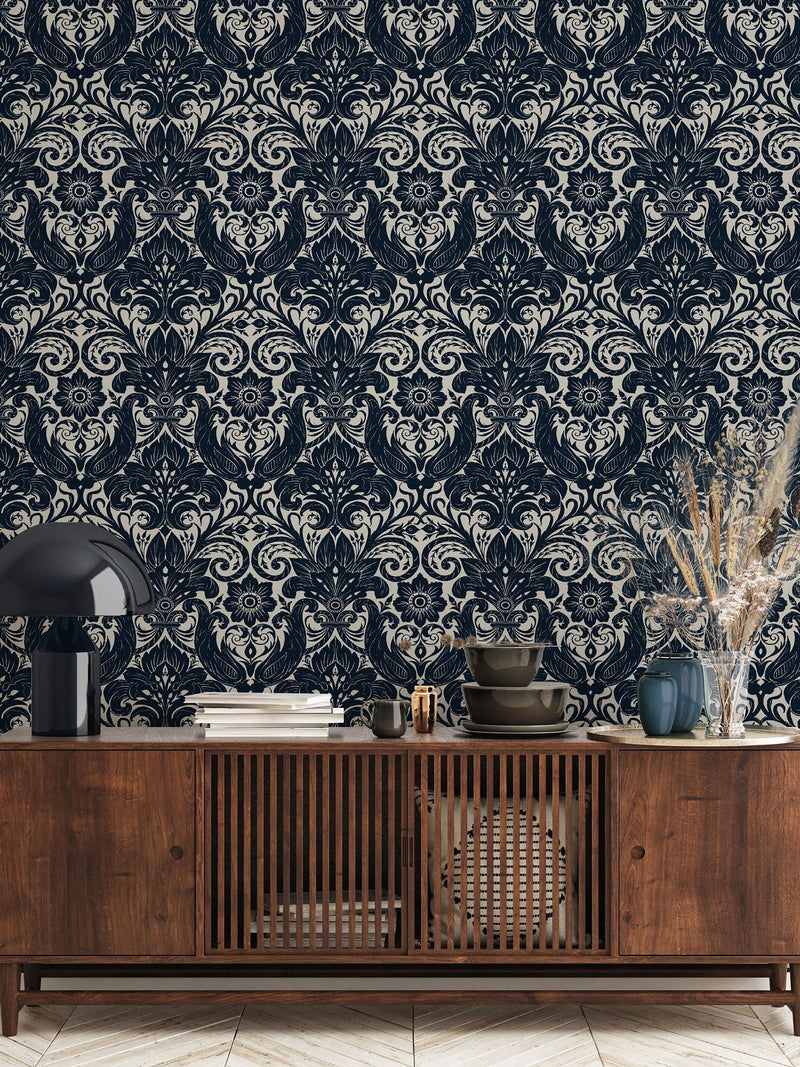 Laurence Llewelyn-Bowen Blue Damask Sauvage Flock A4 Wallpaper Sample