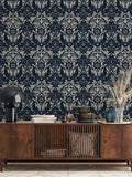 Laurence Llewelyn-Bowen Blue Damask Sauvage Flock A4 Wallpaper Sample