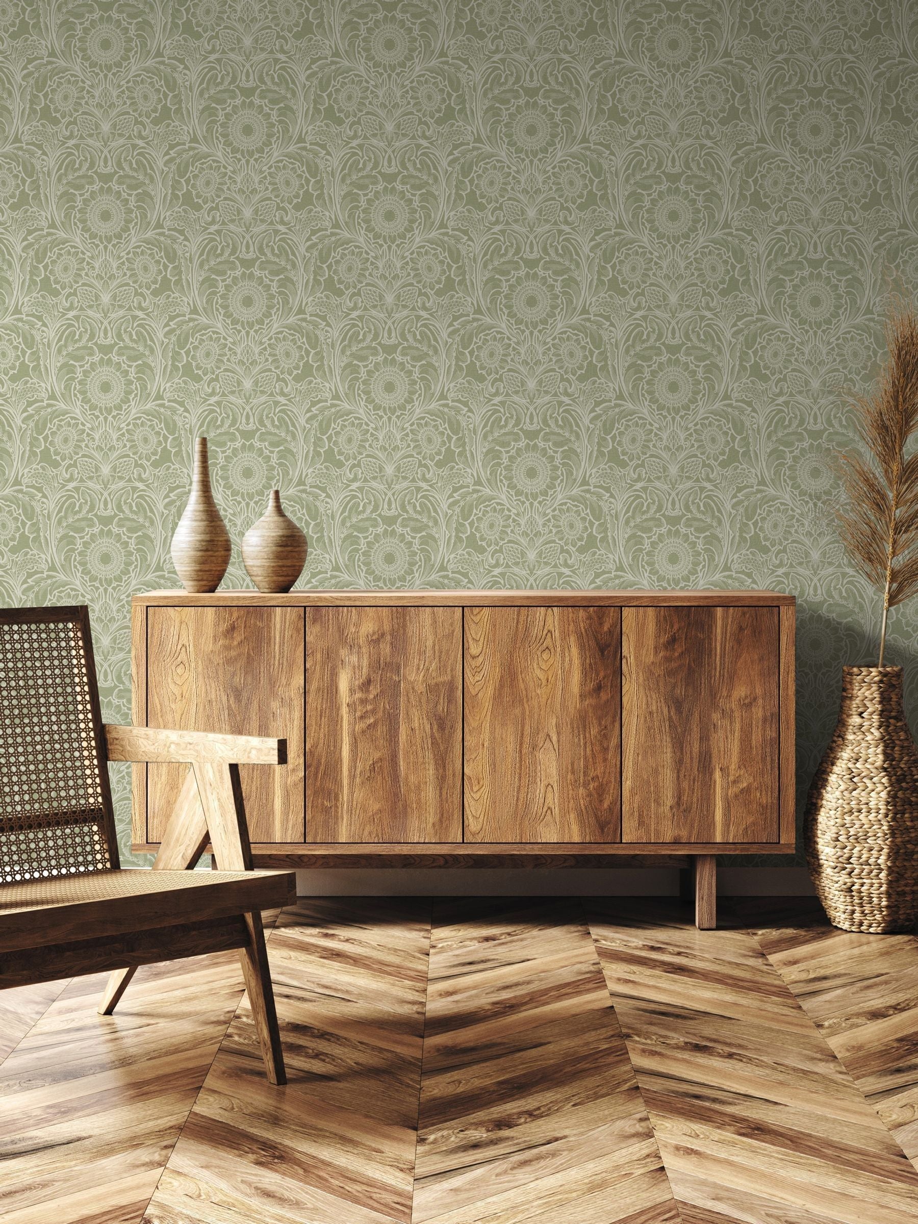 Laurence Llewelyn-Bowen Green Sunnyside Up Floral Print A4 Wallpaper Sample