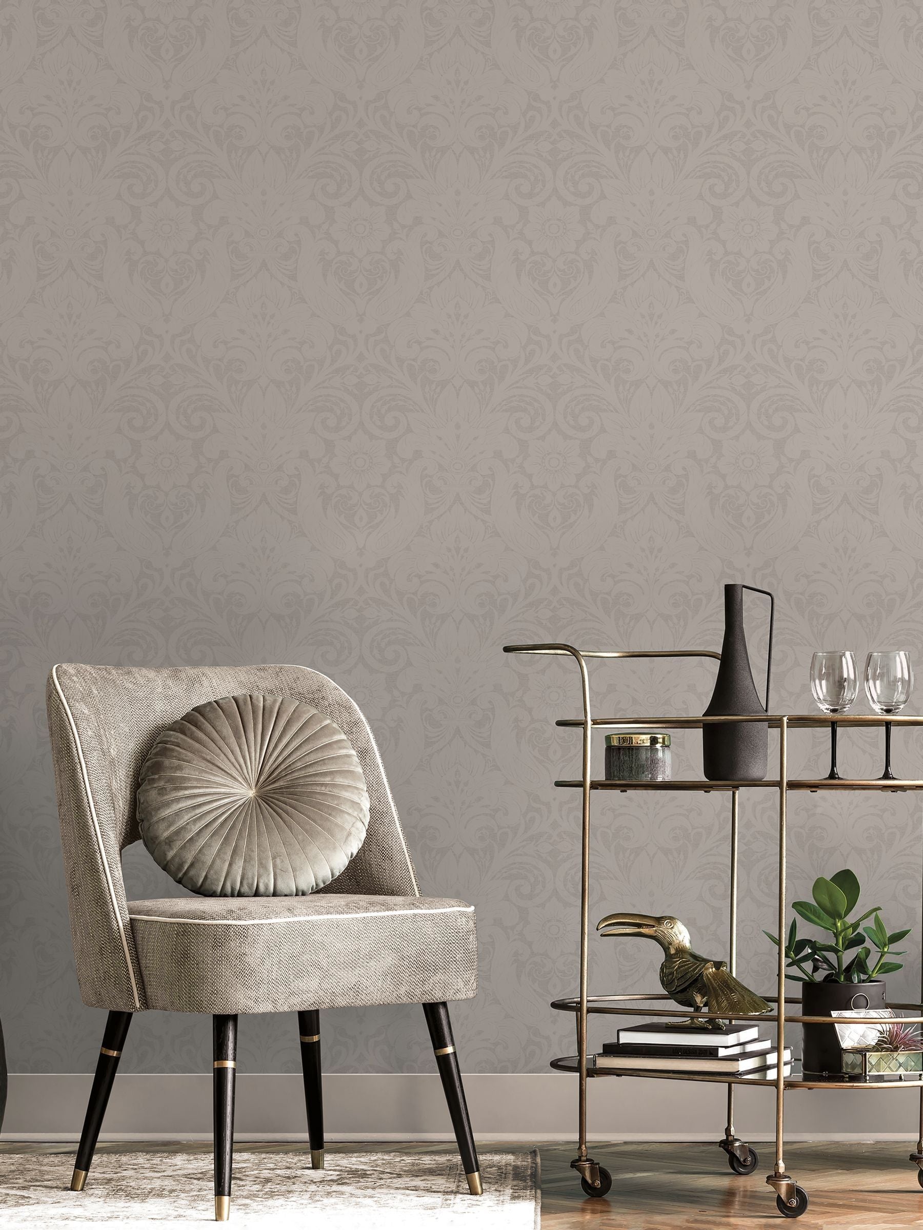Laurence Llewelyn-Bowen Beige Damask Sauvage Flock A4 Wallpaper Sample