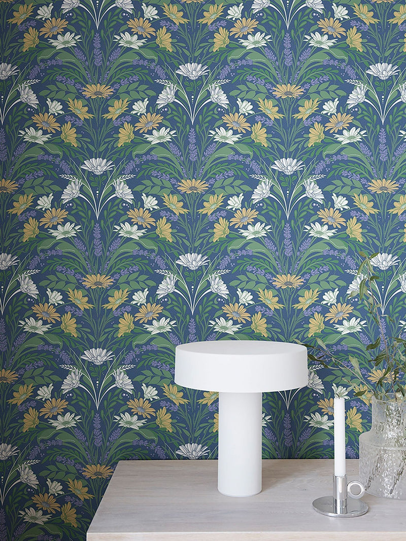 Galerie Blue Sommarang floral print wallpaper sample A4, imported from the UK