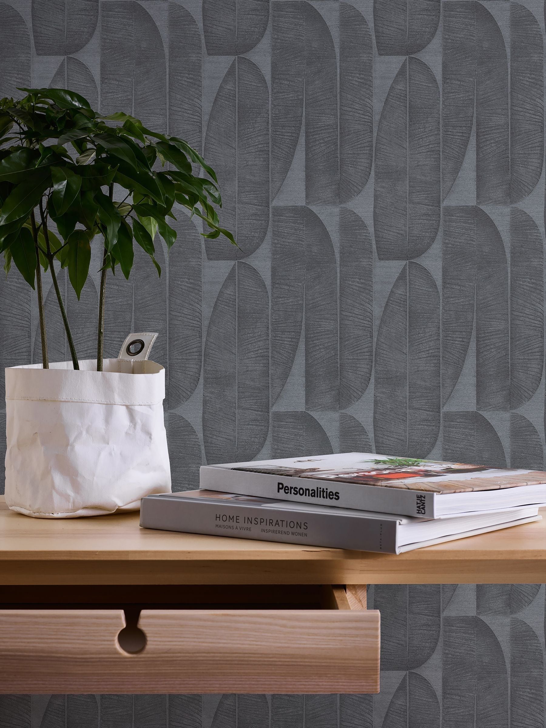Galerie wallpaper sample Black Tree Leaf A4, imported from the UK