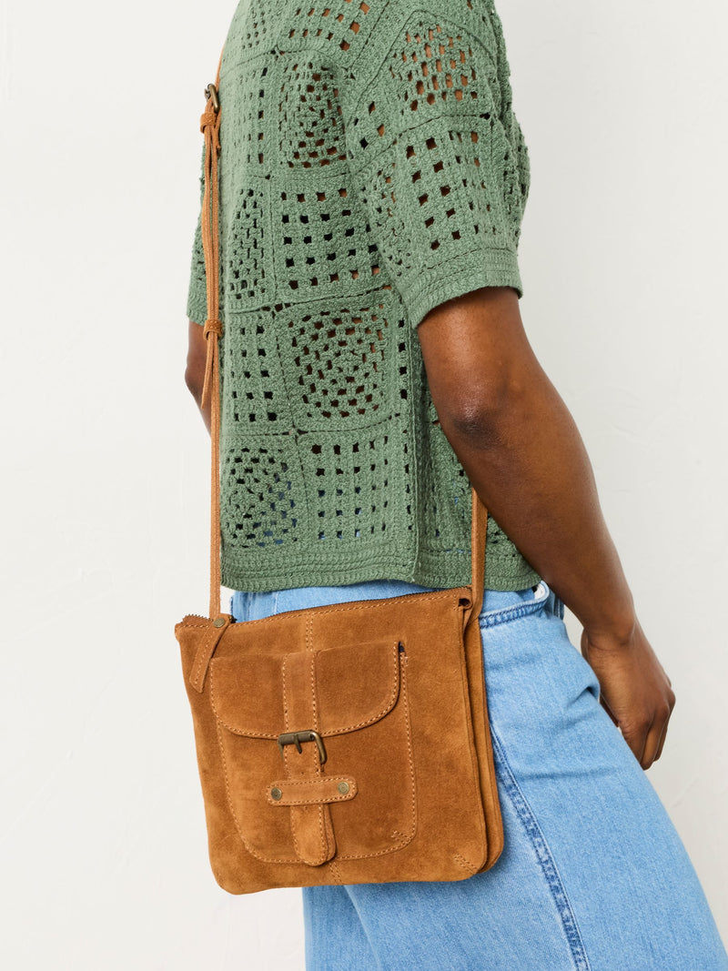 FatFace Libby tan brown suede crossbody bag, UK version