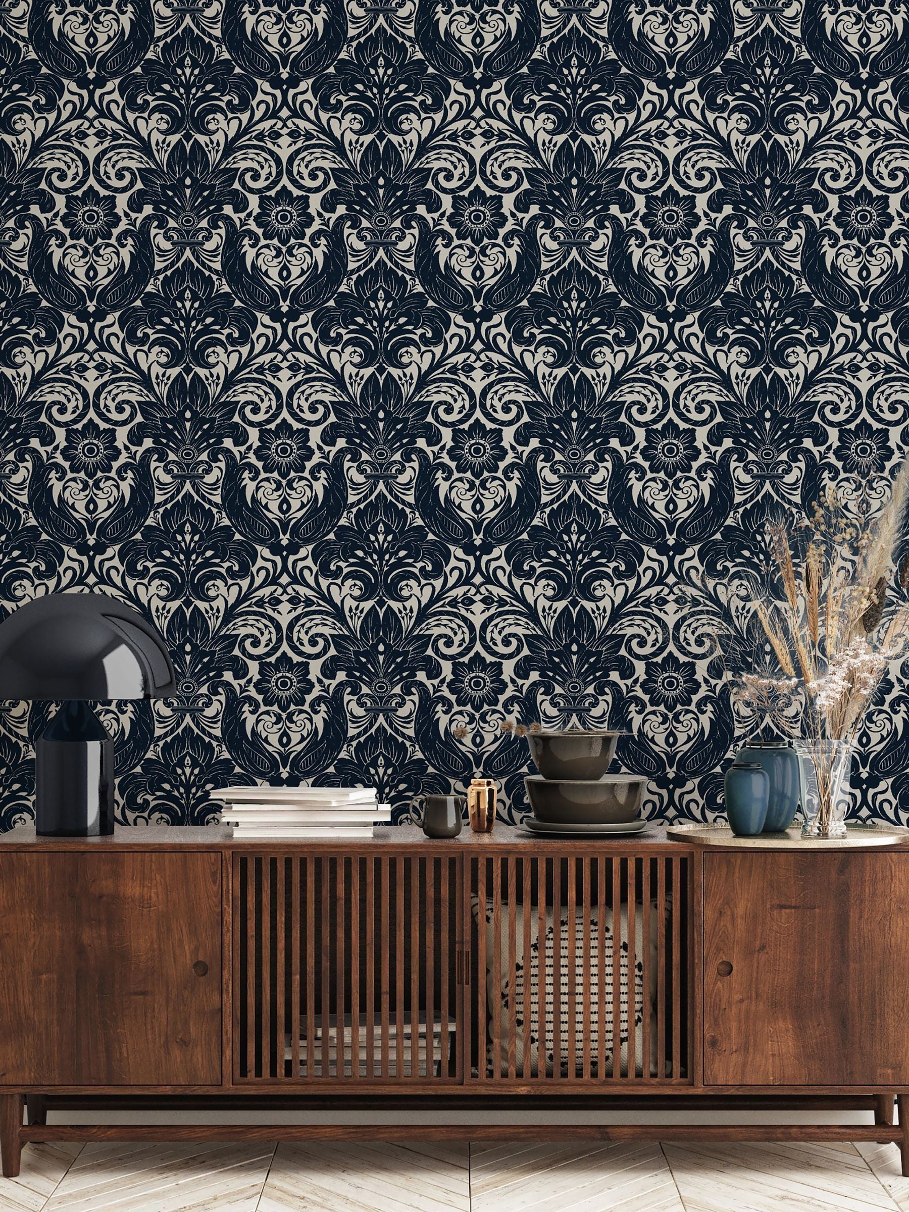 Laurence Llewelyn-Bowen Black Damask Sauvage Flock Wallpaper 10M