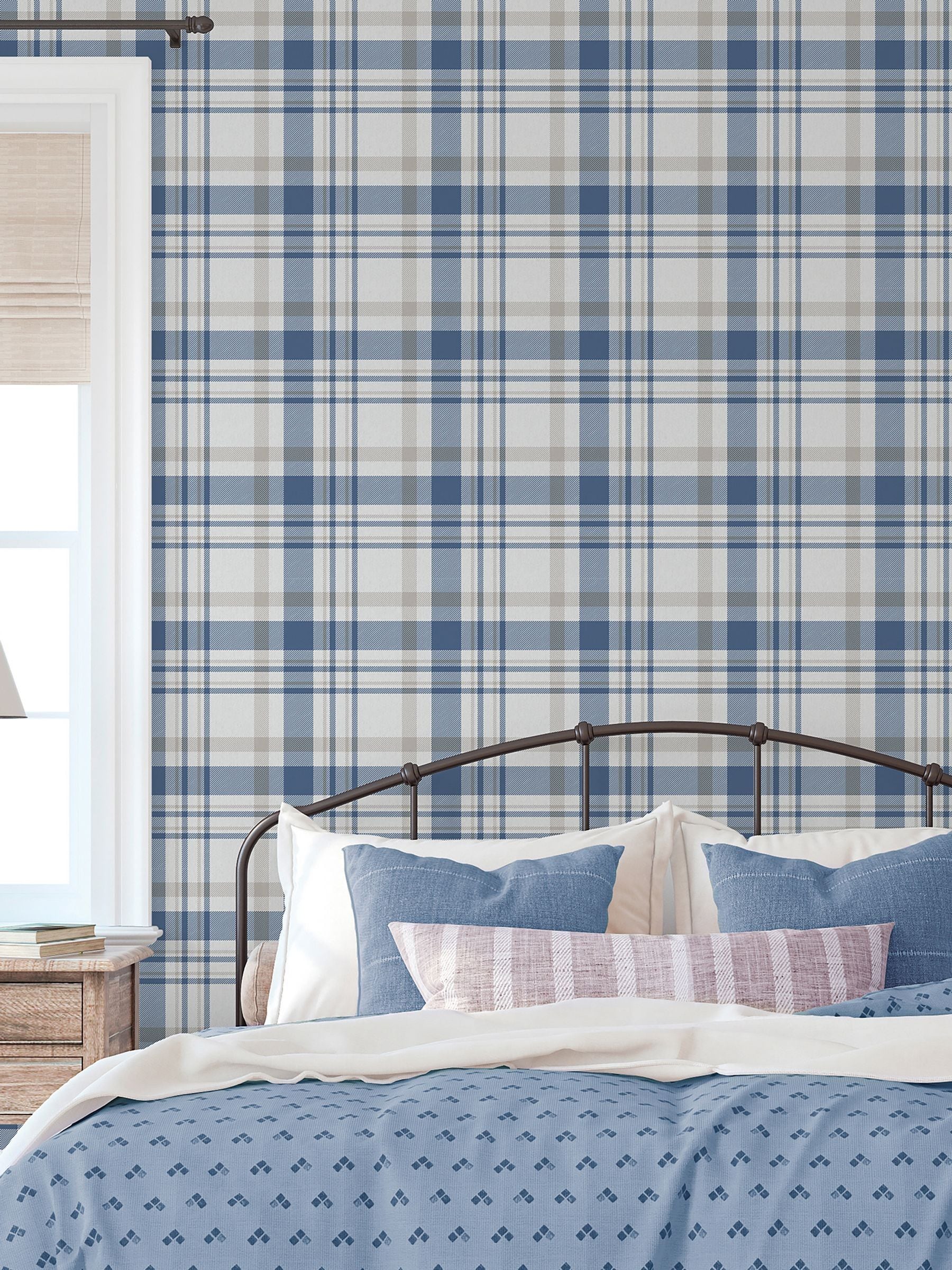 Galerie wallpaper Blue Spring Blossom Plaid 10m, imported from the UK
