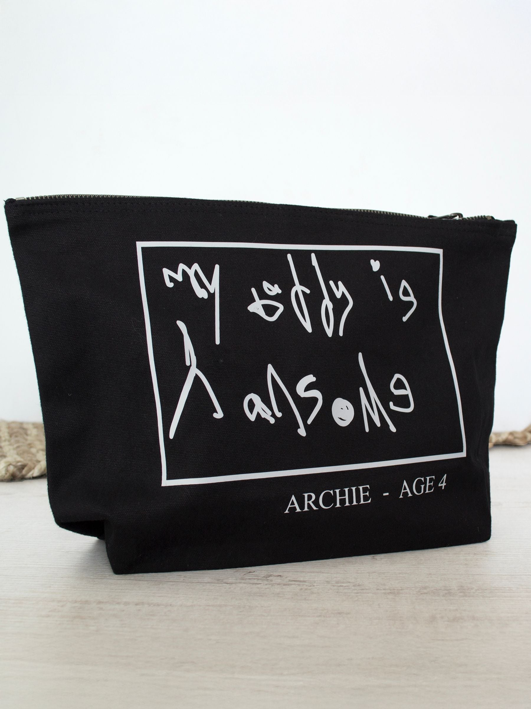 Solesmith black personalised wash bag with child handwriting (British brand)