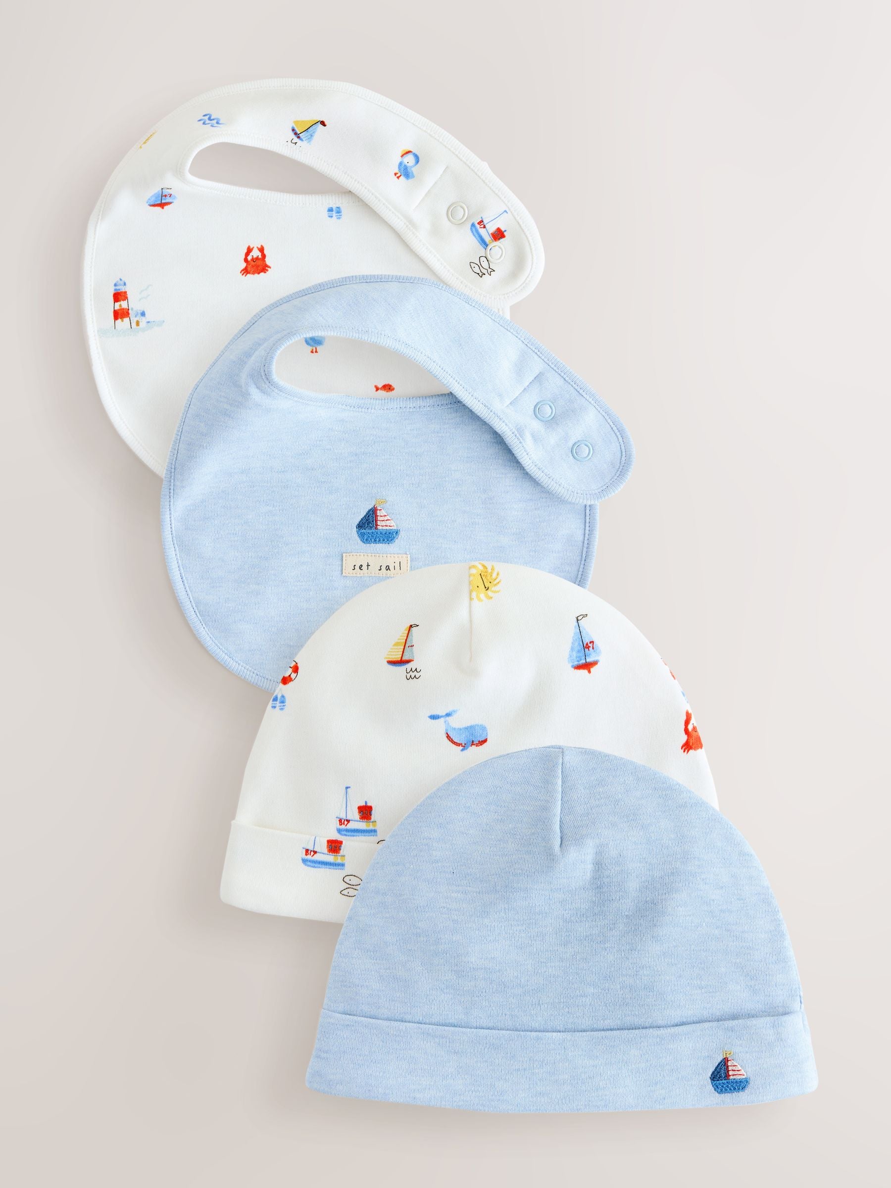 Blue Nautical baby hat and bib set 0-18mths - British product