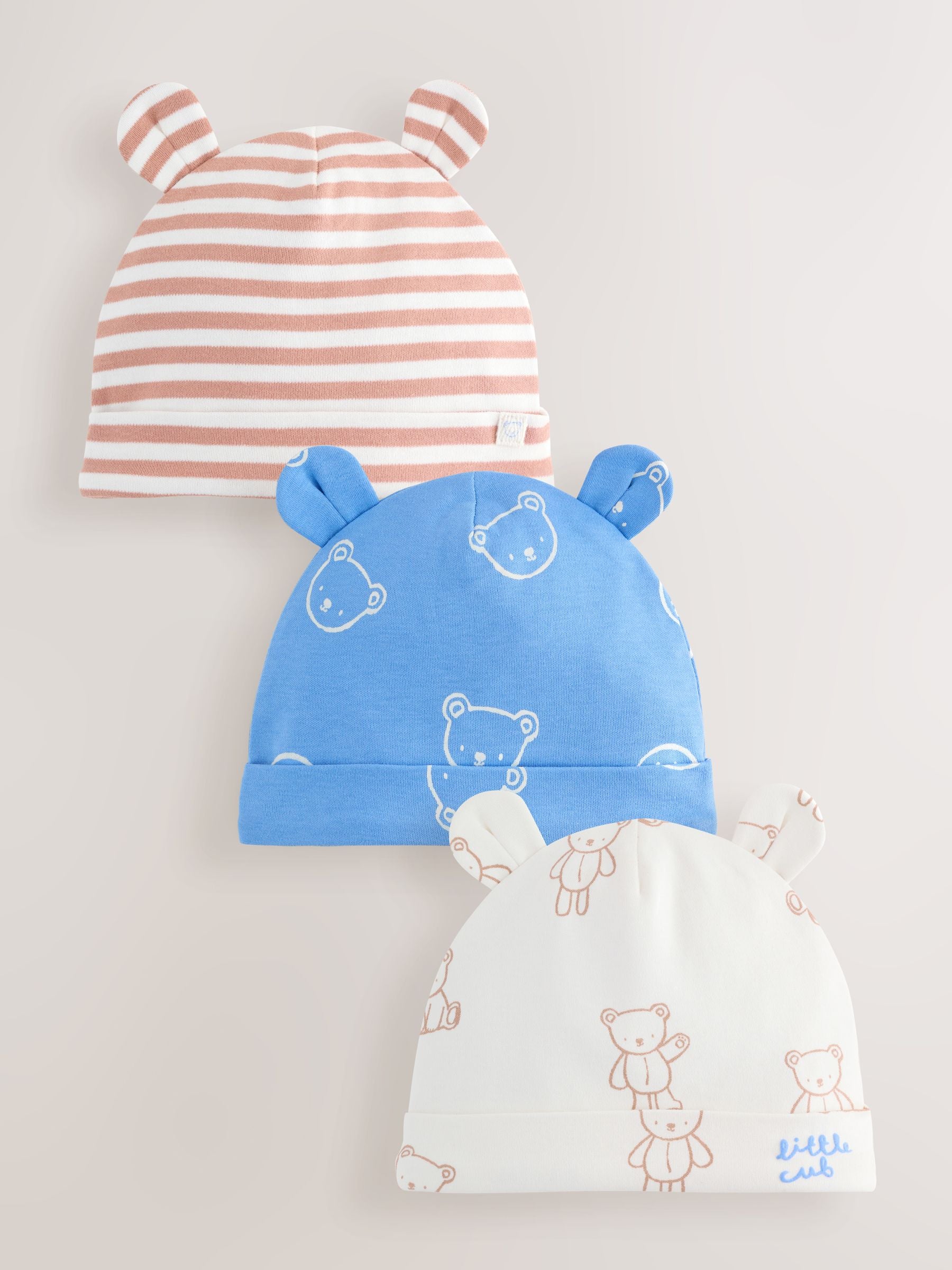 Bear baby beanies 3 pack blue/ecru 0-18 months - British product