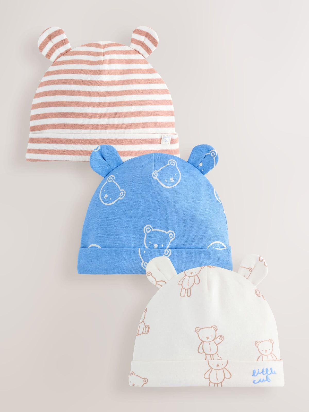 Bear baby beanies 3 pack blue/ecru 0-18 months - British product