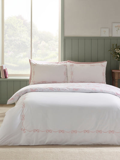 Next Catherine Lansfield White/Pink Bow Embroidery Duvet Cover Set- Buy online at McGrocer