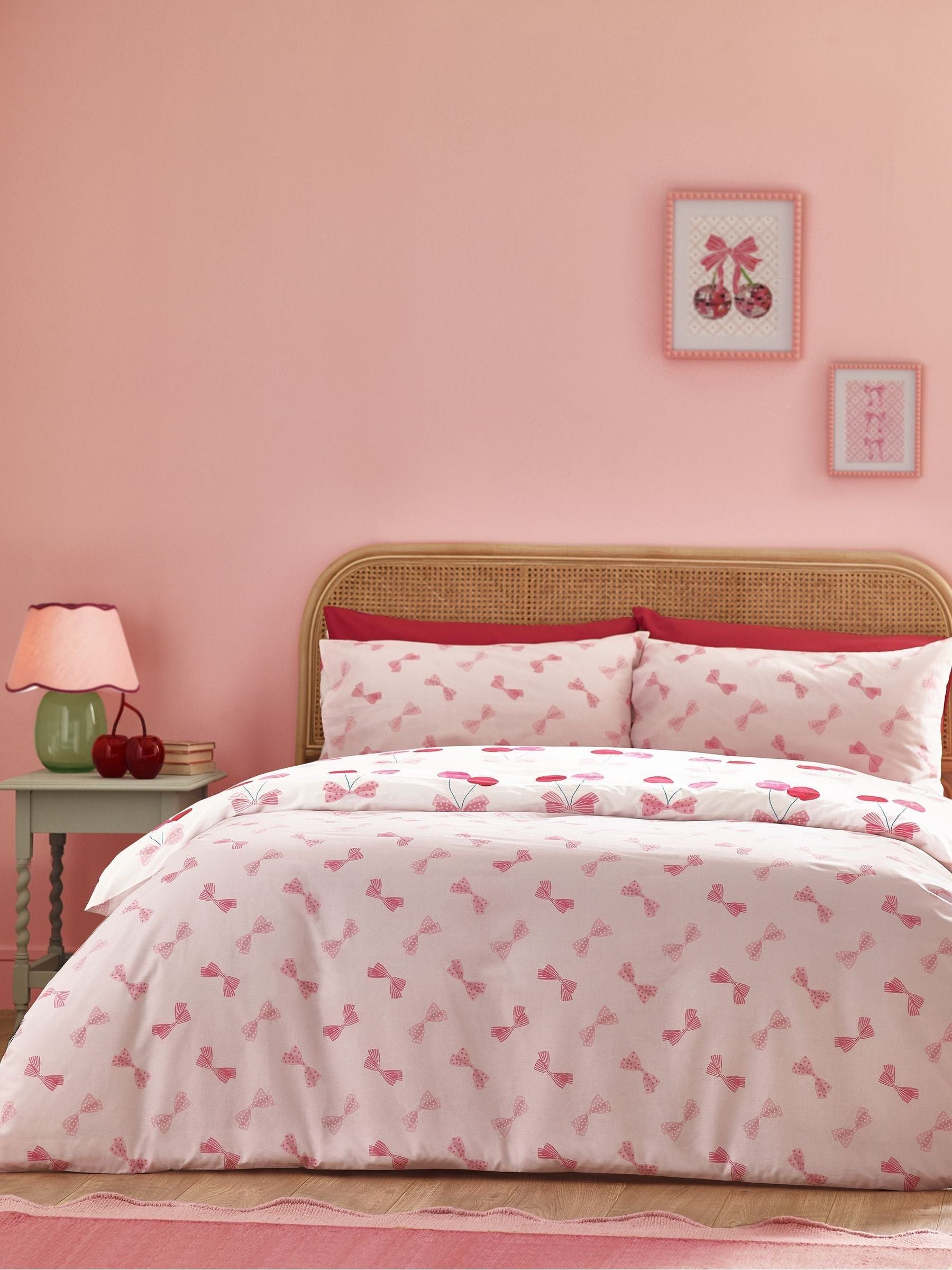 Catherine Lansfield pink cherries bows reversible duvet cover set - British product