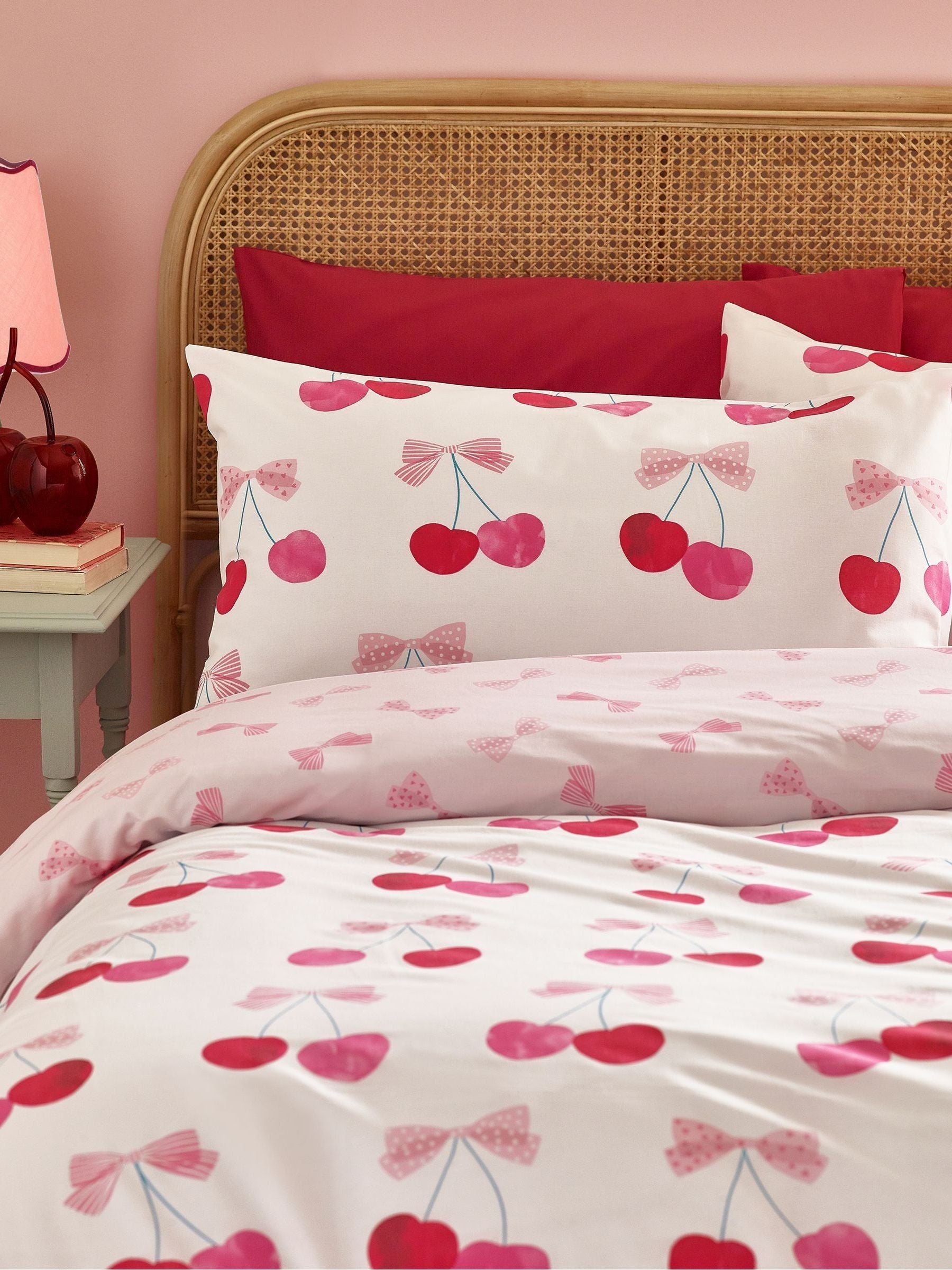 Catherine Lansfield pink cherries bows reversible duvet cover set - British product