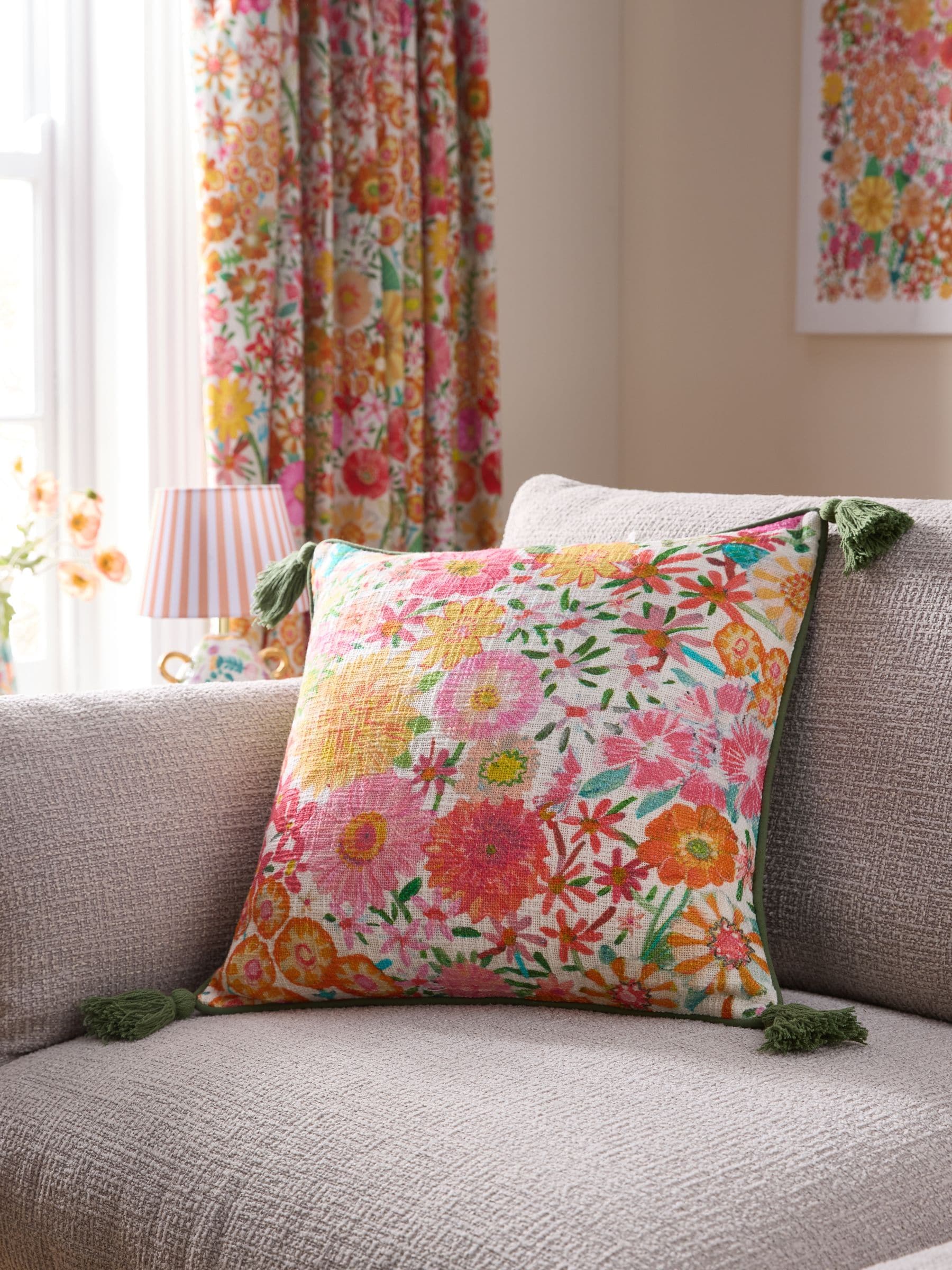 Lucy Tiffney cushion Orange Campion floral print 50cm, UK version