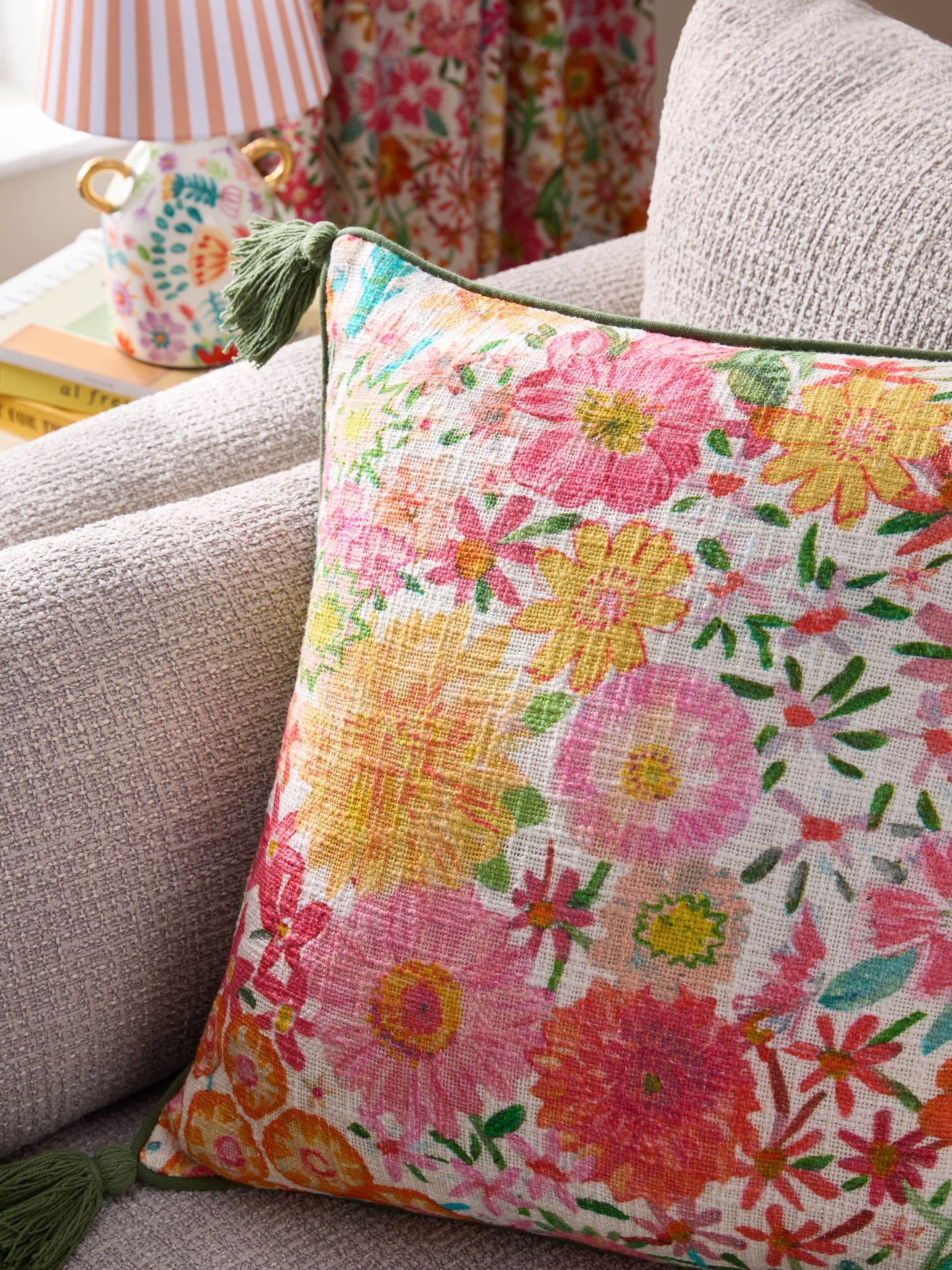 Lucy Tiffney cushion Orange Campion floral print 50cm, UK version