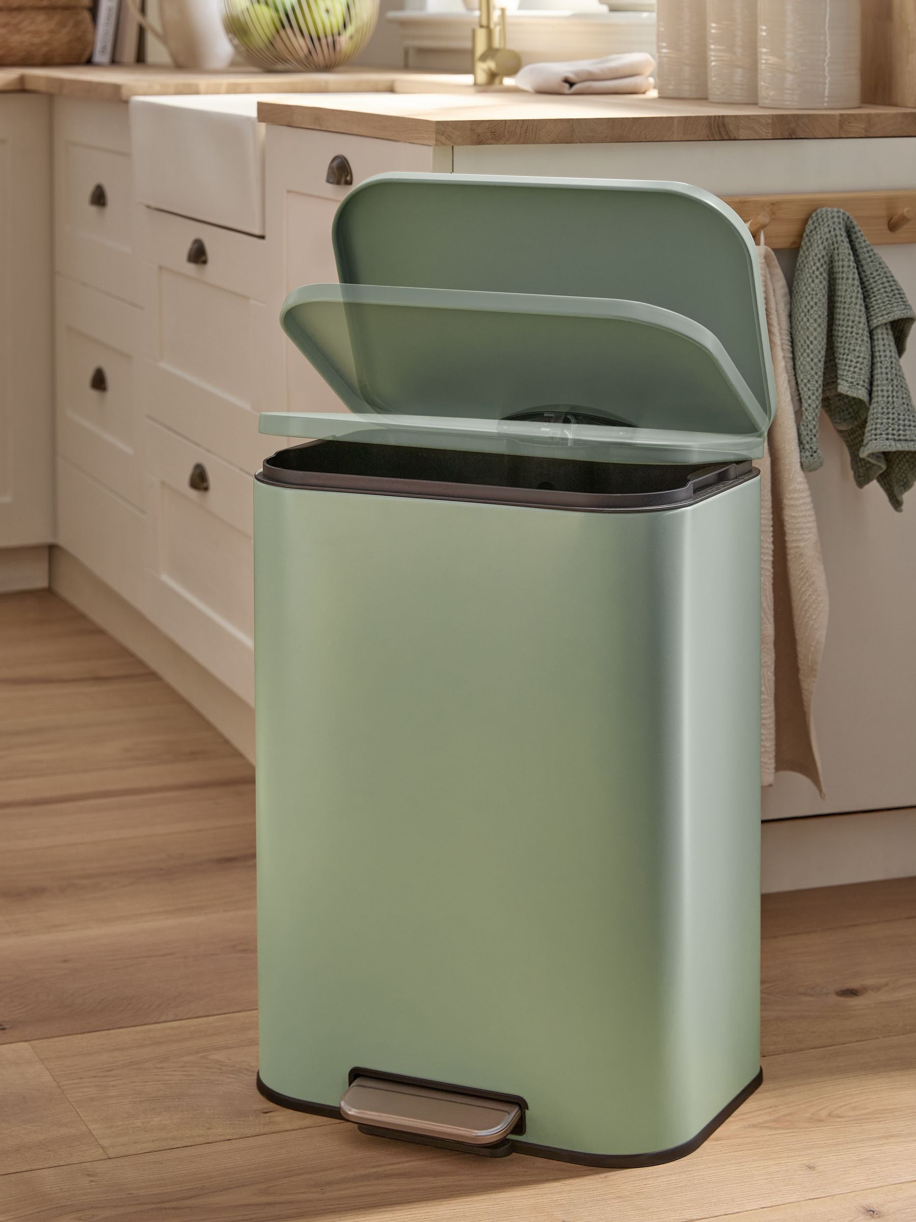 Sage green 50L soft close pedal bin, imported from the UK