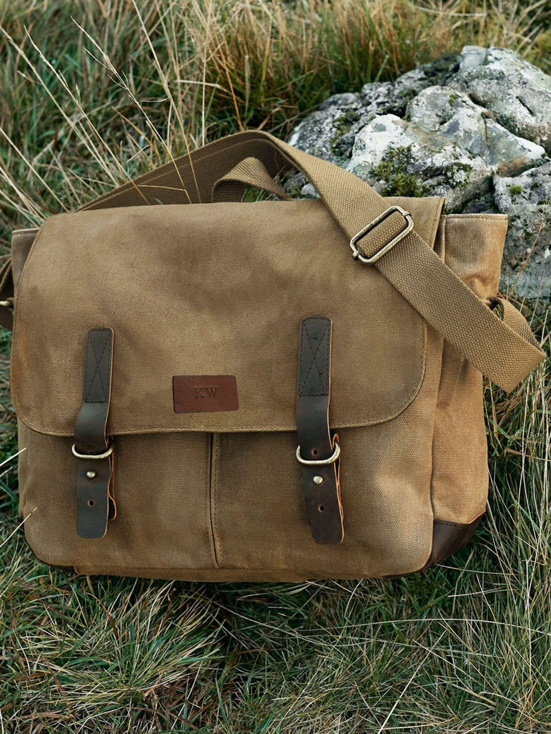 Koko Blossom personalised waxed canvas messenger bag, imported from the UK
