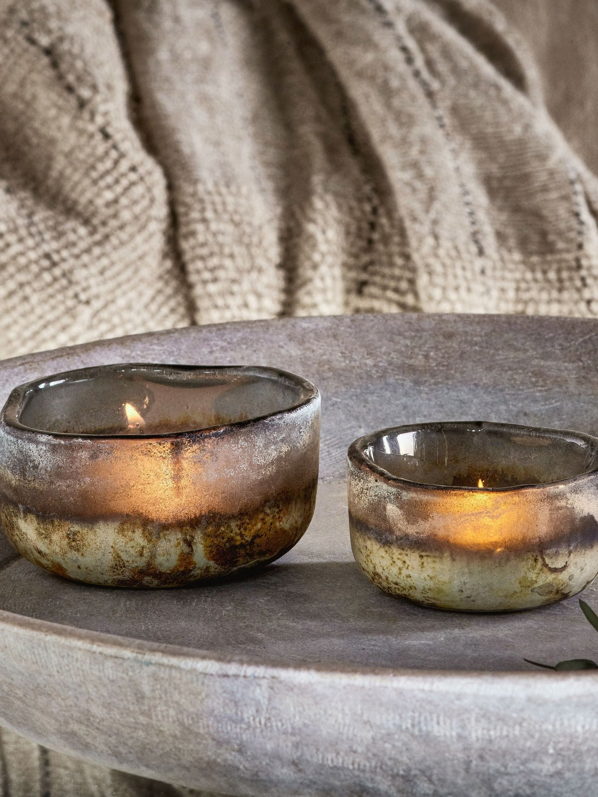 Nkuku grey Janka glass tealight holders set of 2, imported from the UK