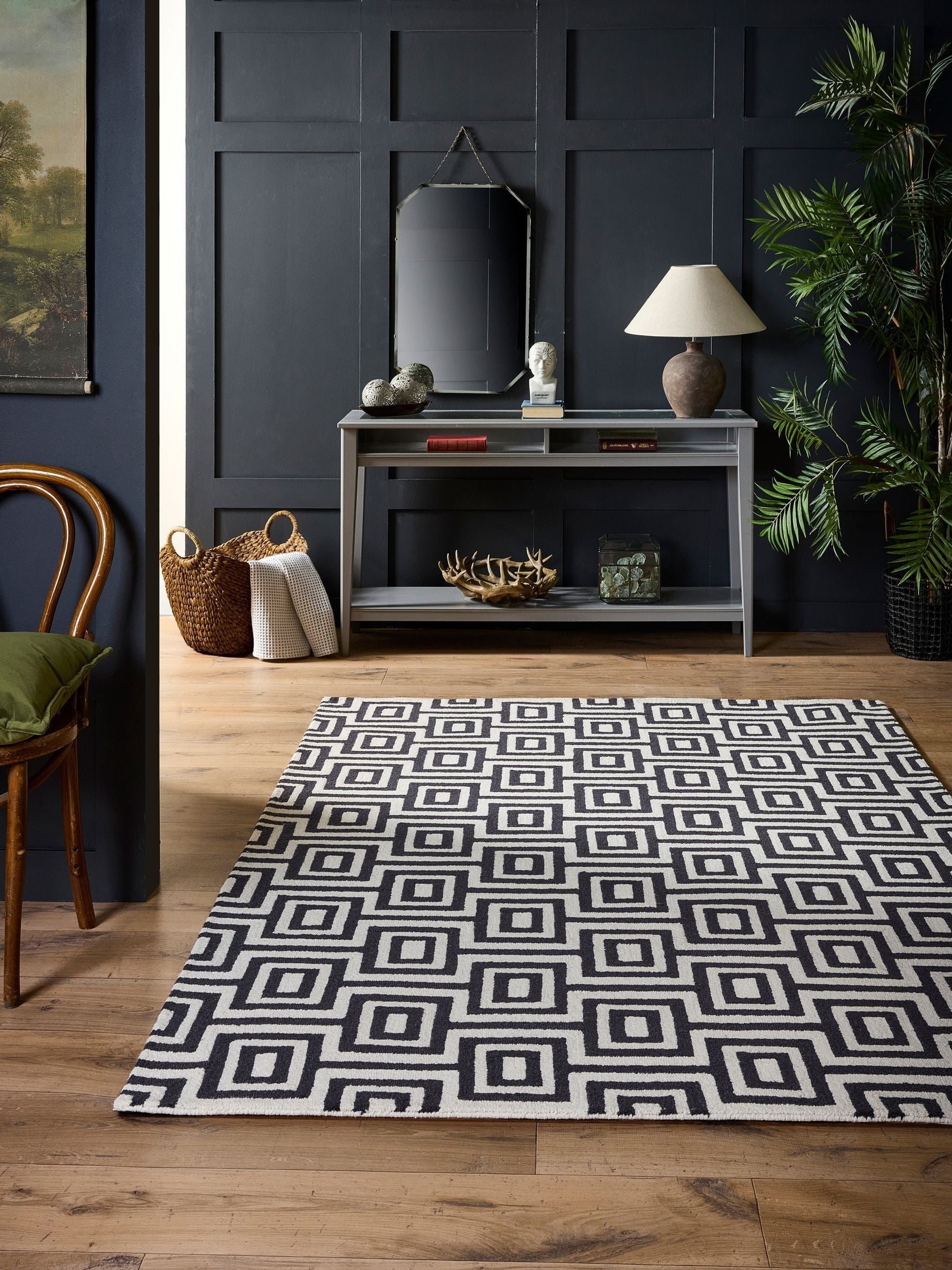 Origin Rugs Black Labyrinth wool rug, imported from the UK
