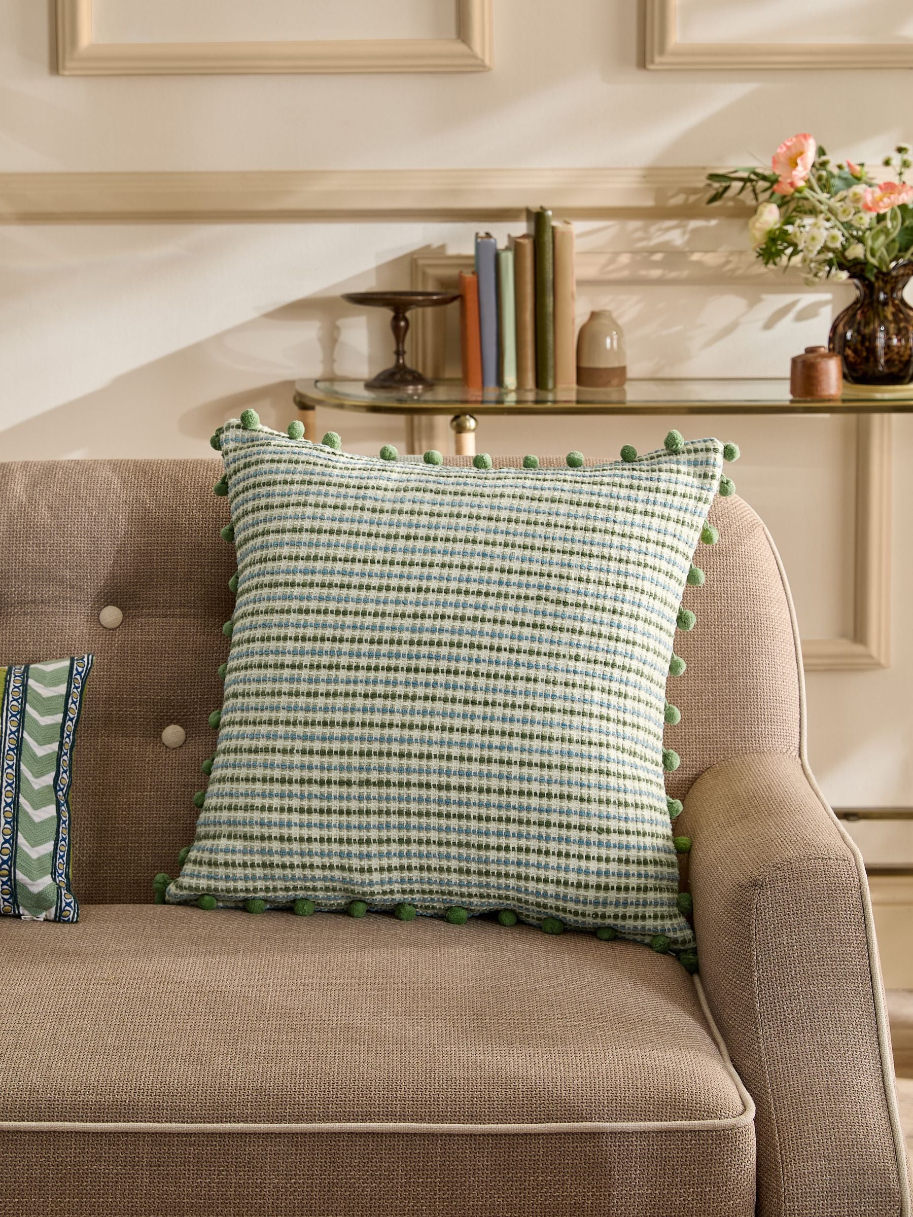 Nina Campbell Green Woven Pom Cushion