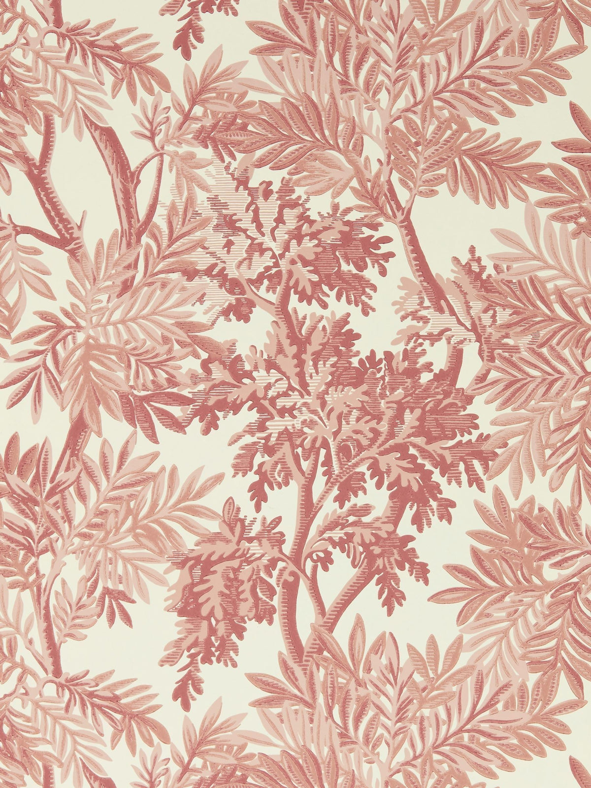 Sanderson red Tapestry Trees wallpaper sample A4, UK version