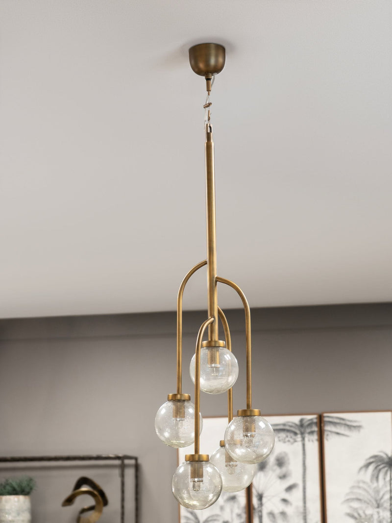 Libra Interiors brass Wellesley pendant with five glass globes, UK version
