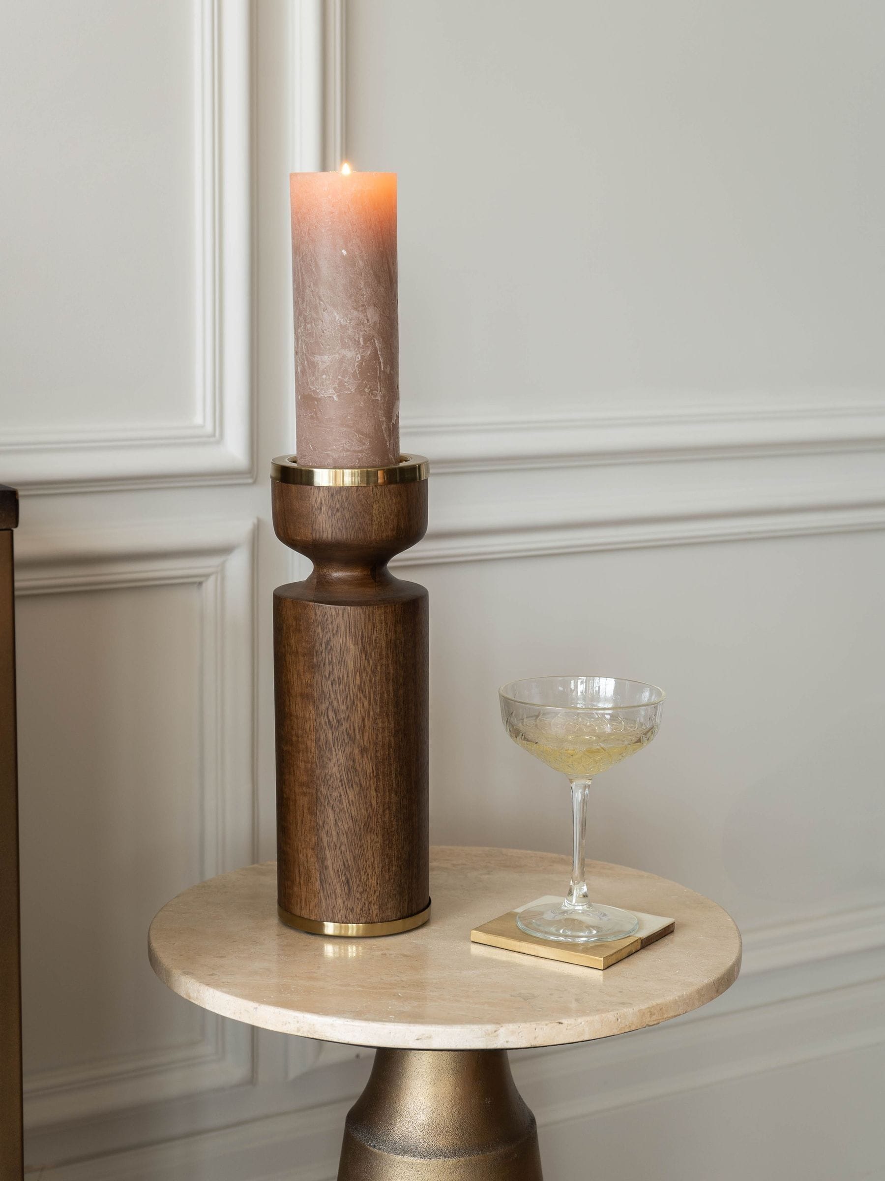 Libra Interiors Brown Amalfi wooden pillar candle holder 31cm, UK version