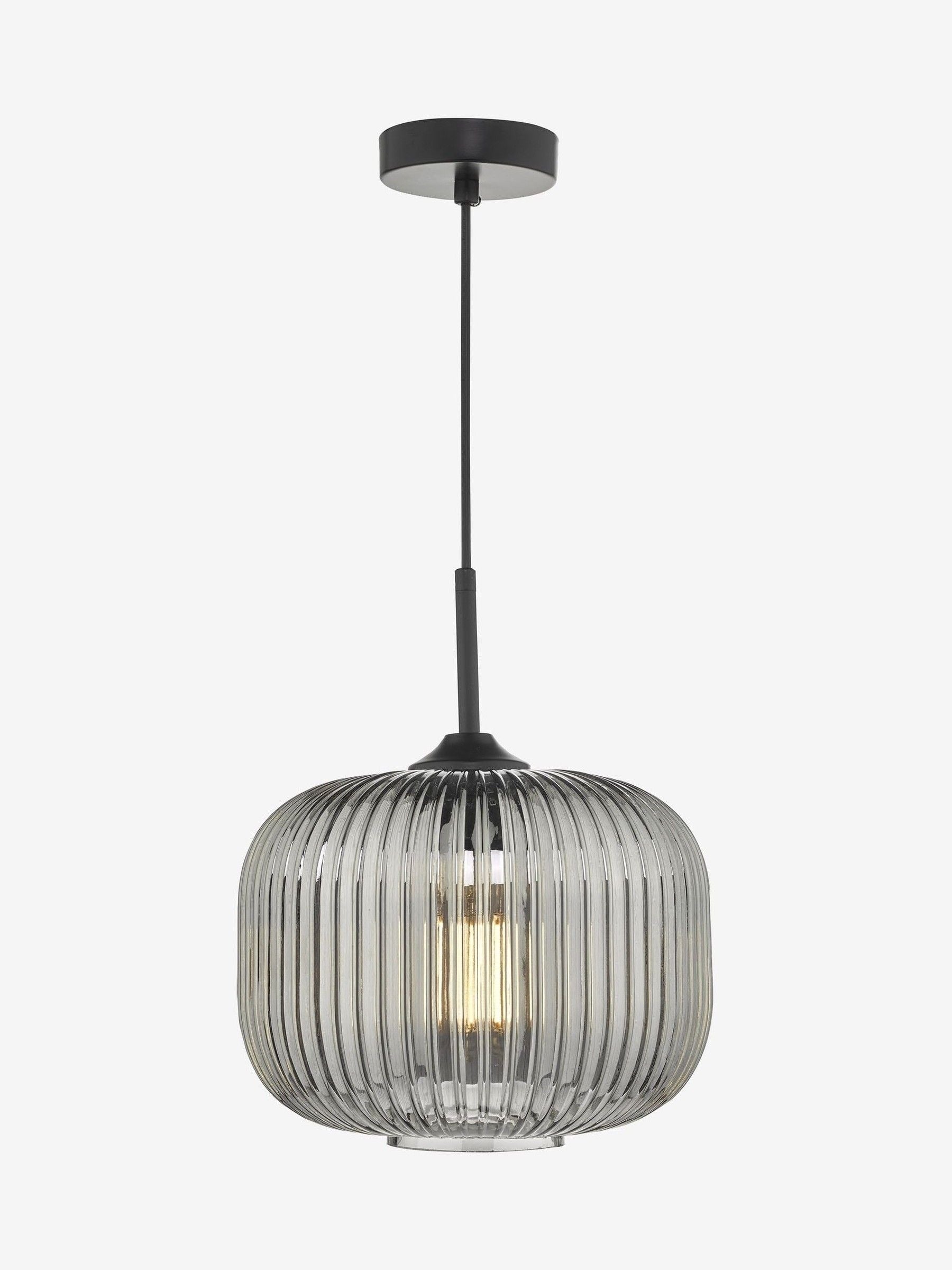 Dar Lighting pendant ceiling light matt black smoked ribbed glass, imported from the UK