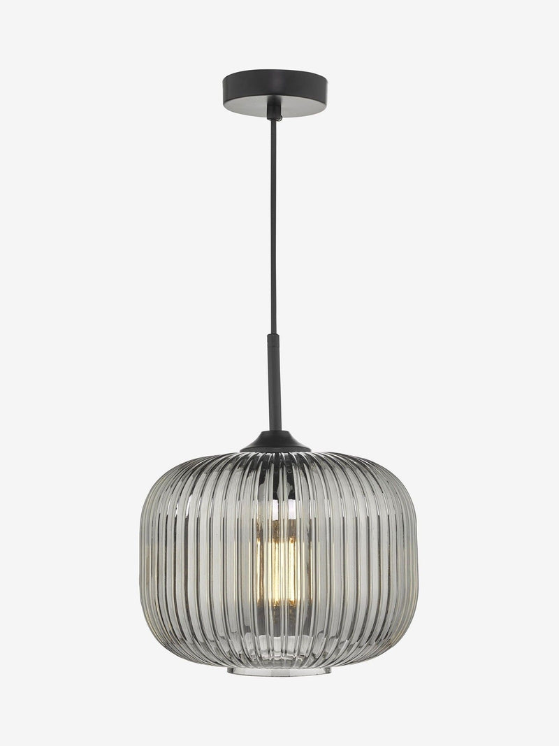 Dar Lighting pendant ceiling light matt black smoked ribbed glass, imported from the UK