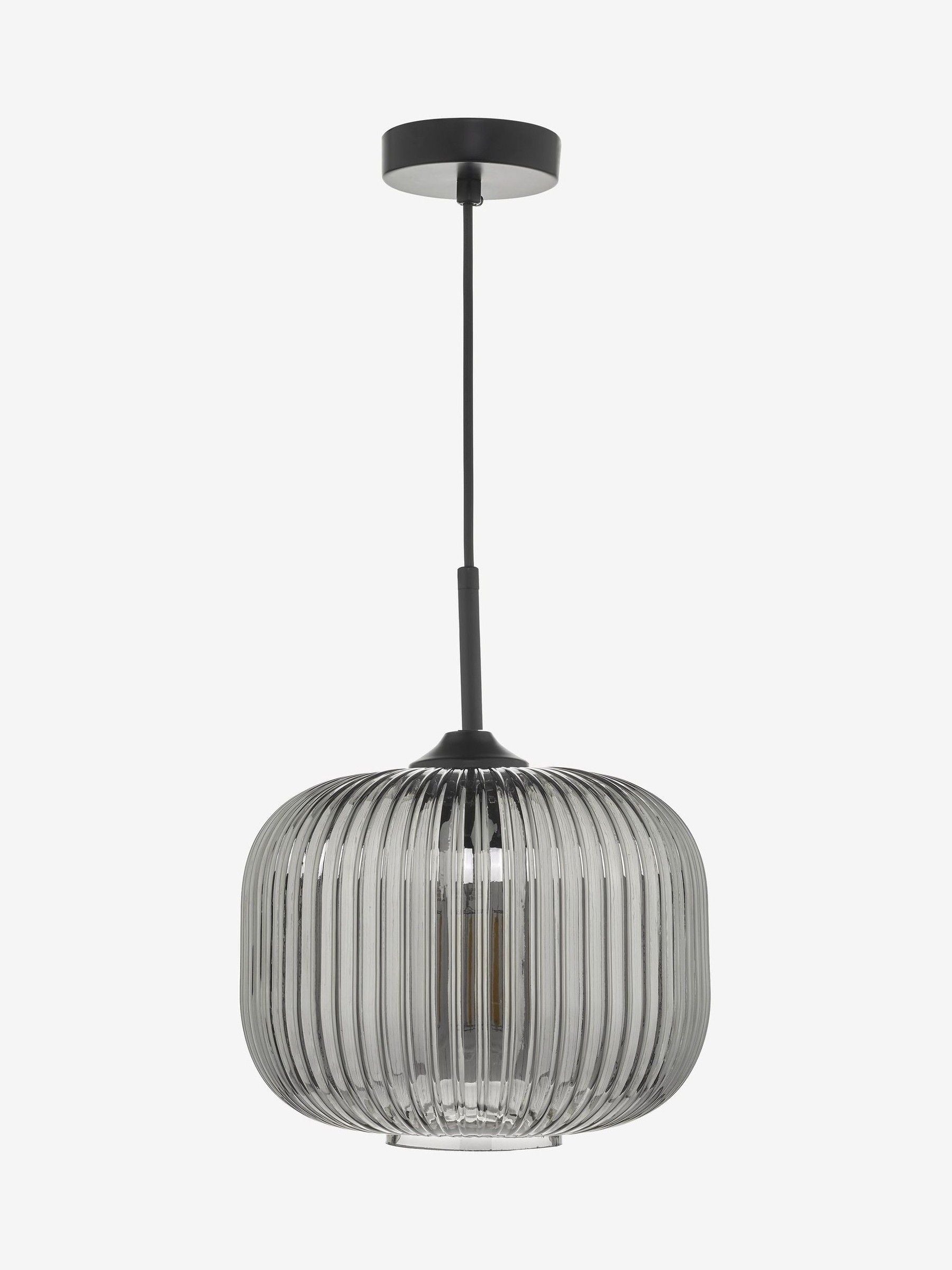 Dar Lighting pendant ceiling light matt black smoked ribbed glass, imported from the UK