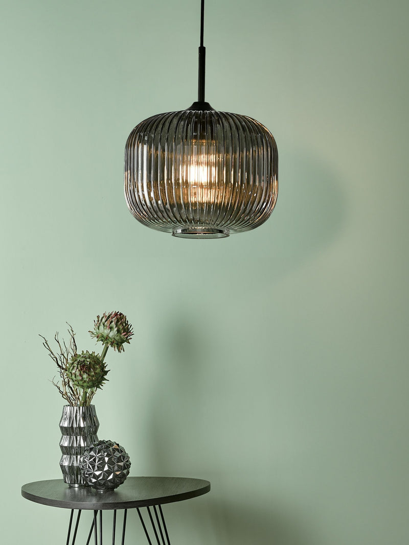 Dar Lighting pendant ceiling light matt black smoked ribbed glass, imported from the UK