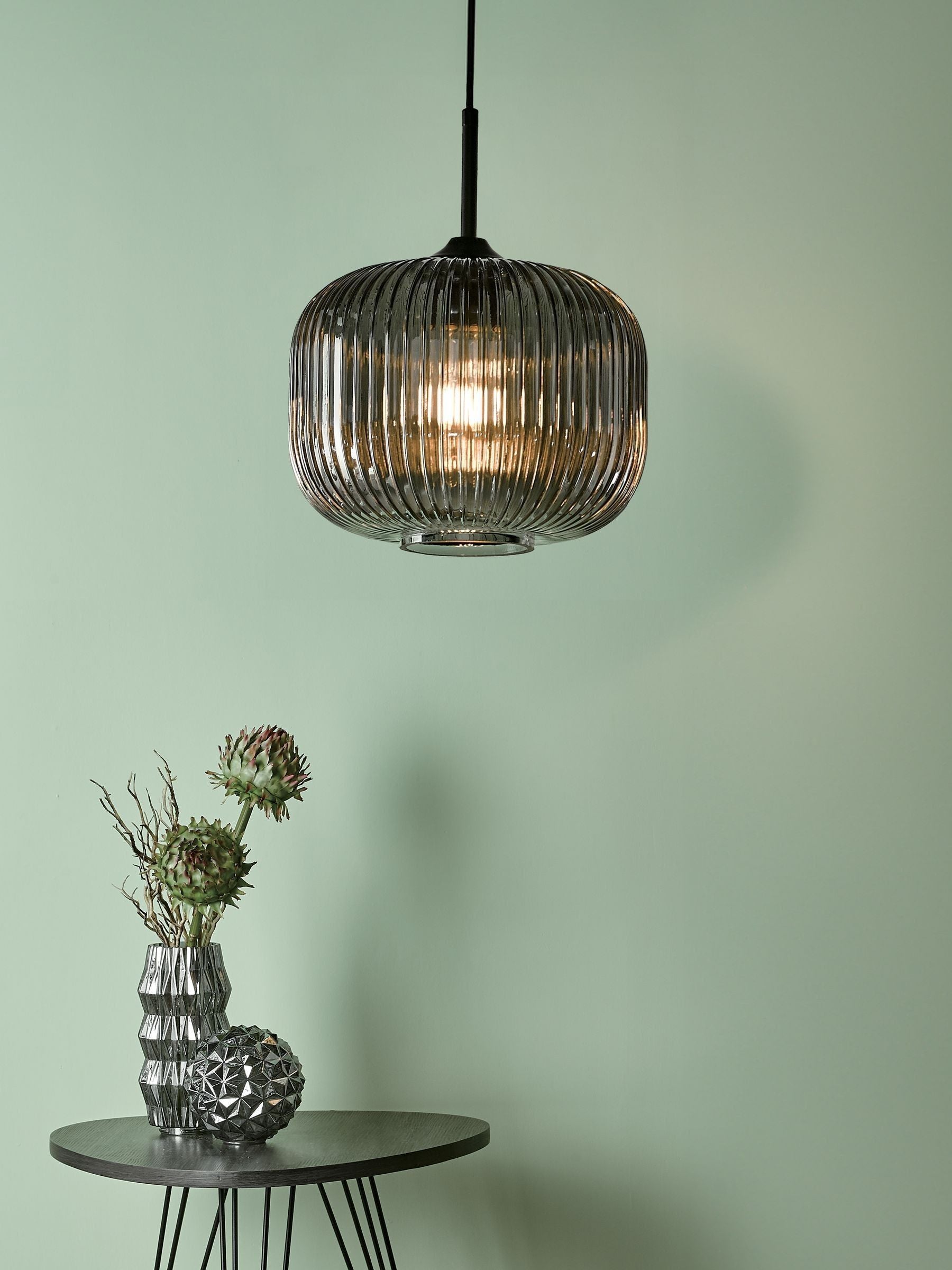 Dar Lighting pendant ceiling light matt black smoked ribbed glass, imported from the UK