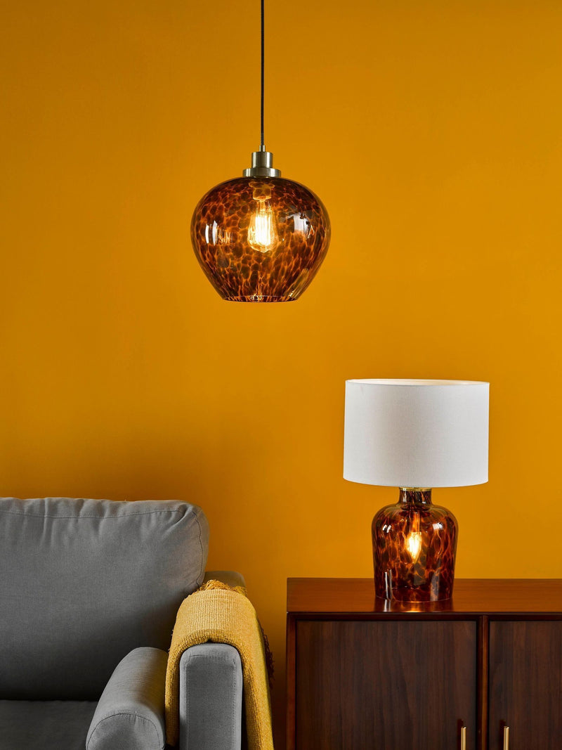 Dar Leandra pendant light amber glass antique brass, UK version