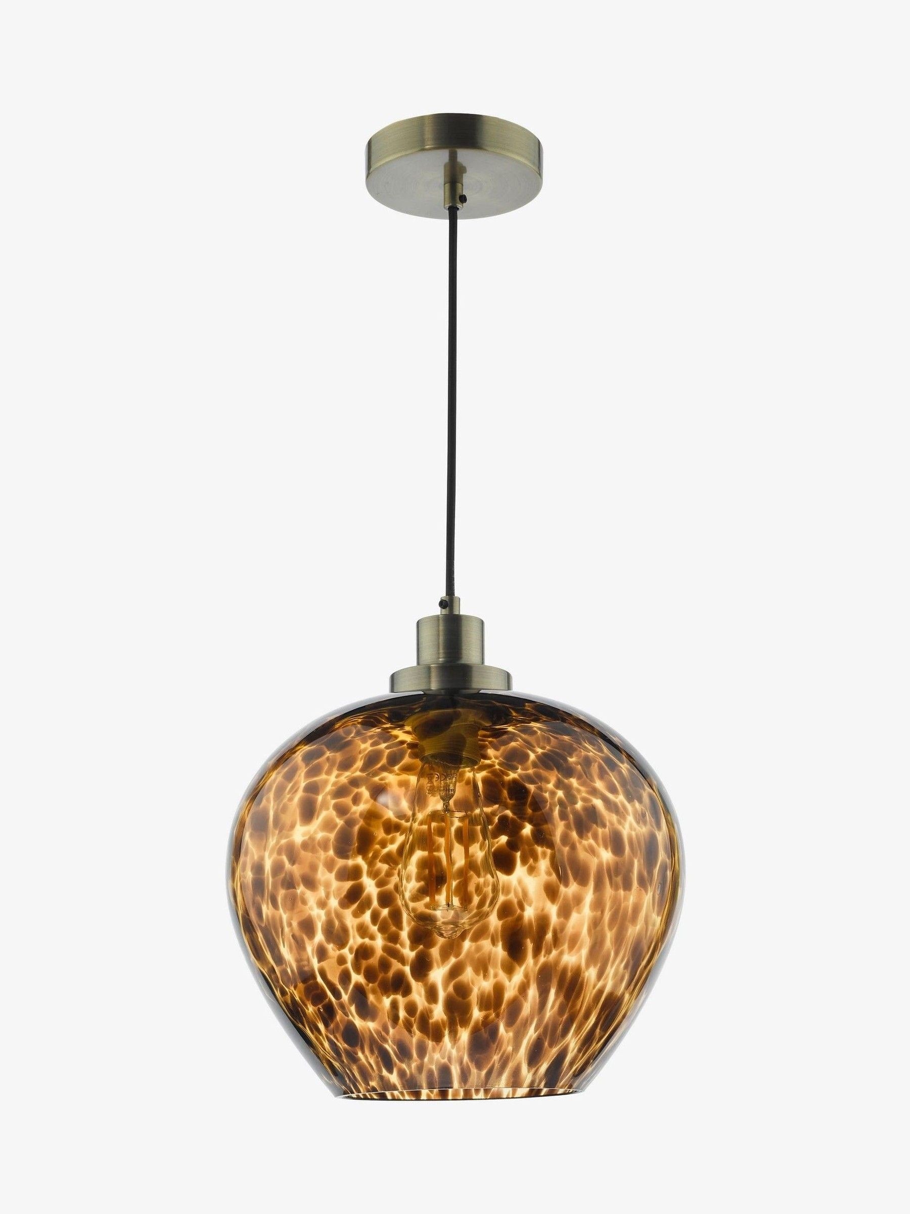 Dar Leandra pendant light amber glass antique brass, UK version