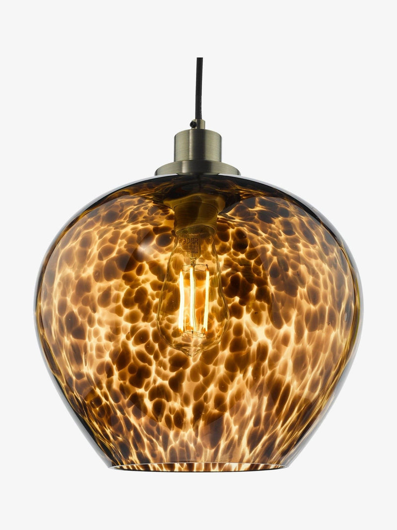 Dar Leandra pendant light amber glass antique brass, UK version