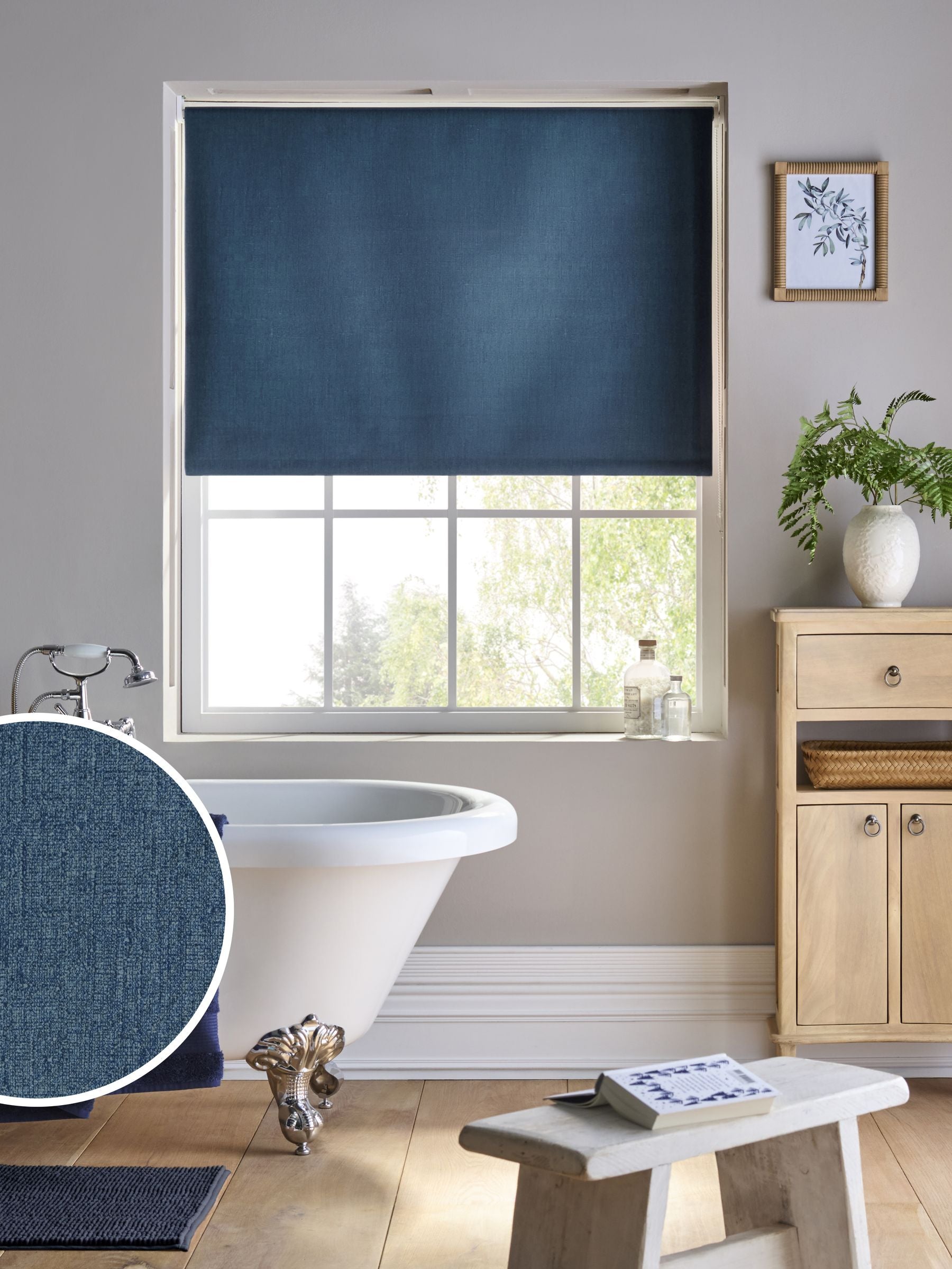 Blue Navy Ready Made Printed Texture Moisture Resistant Roller Blinds