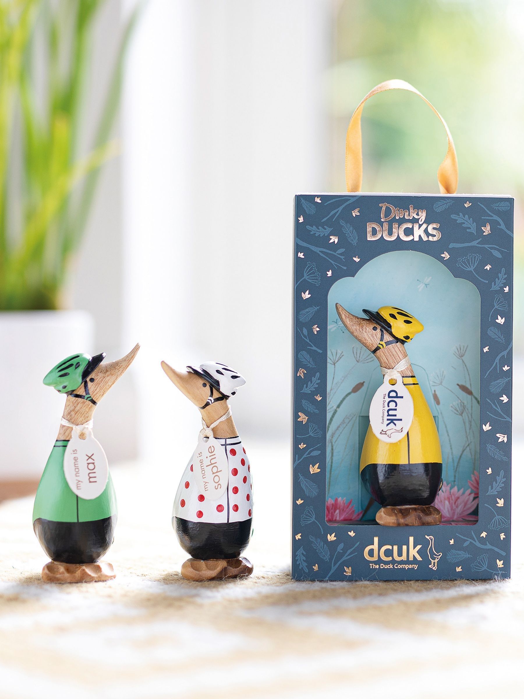 Dinky Duck green cyclist wooden ornament 18cm, UK version