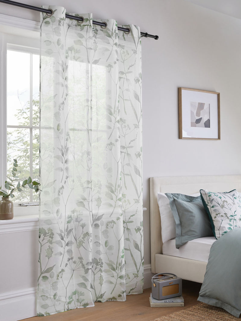Sage Green Isla Floral Printed Eyelet Unlined Sheer Panel Voile Curtains