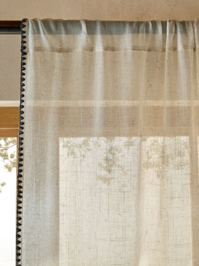 Natural voile sheer curtain panel with blanket stitch edge, UK version