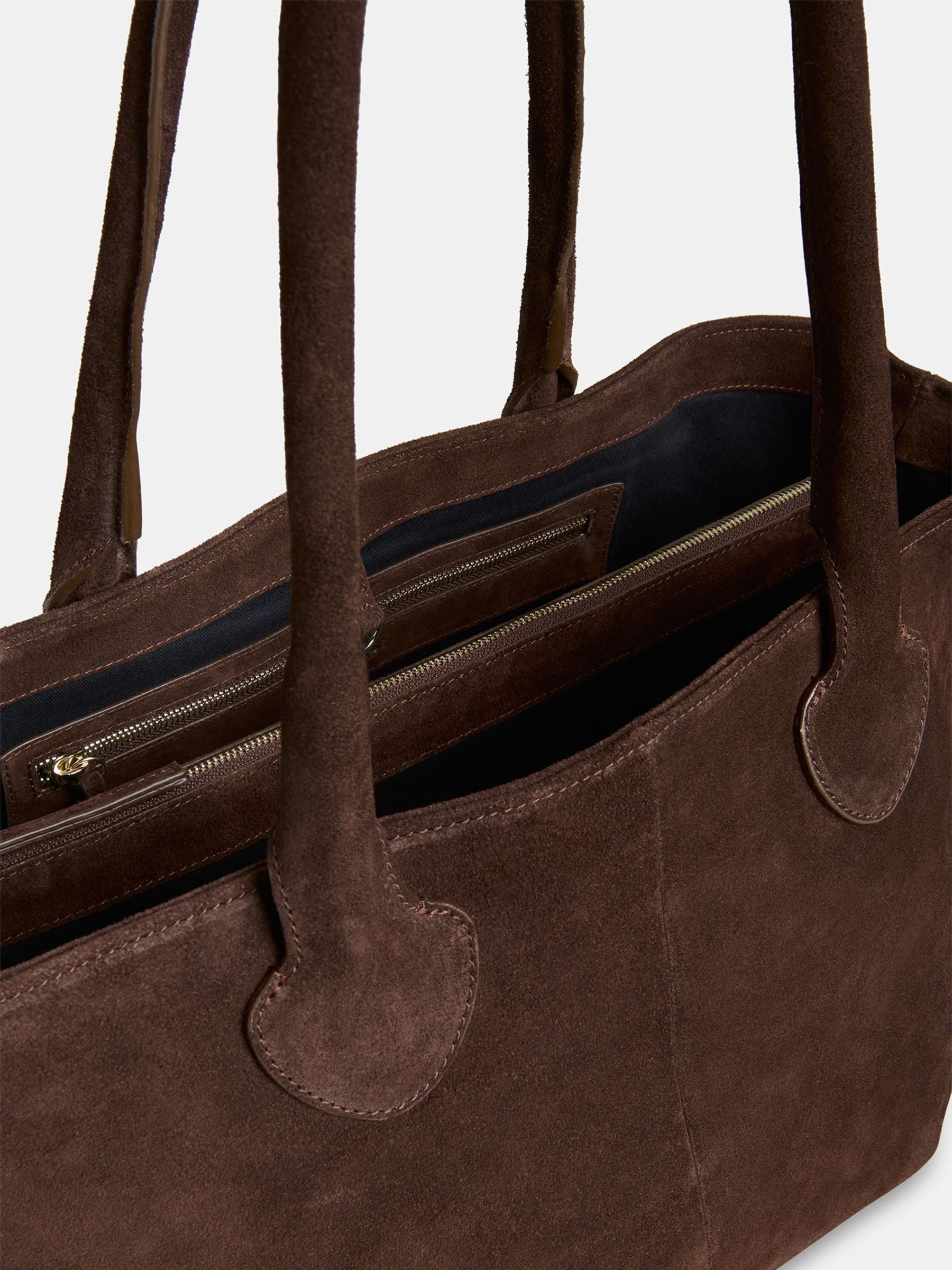 Whistles Leandra chocolate suede tote bag, UK version