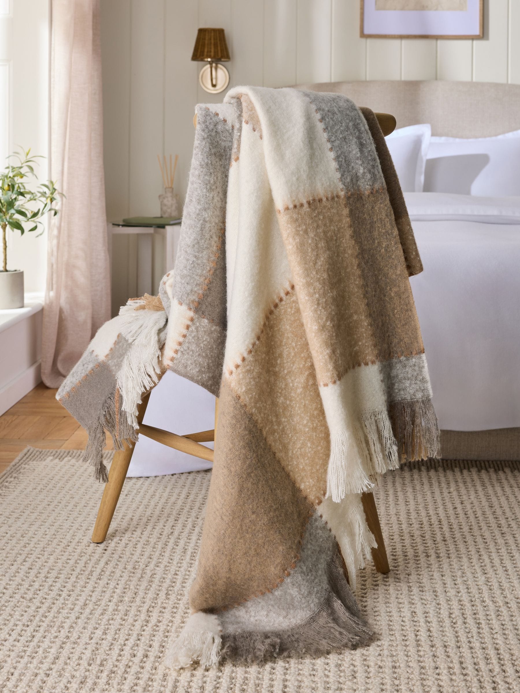 Cosy check throw natural colour with fringe edge - British product