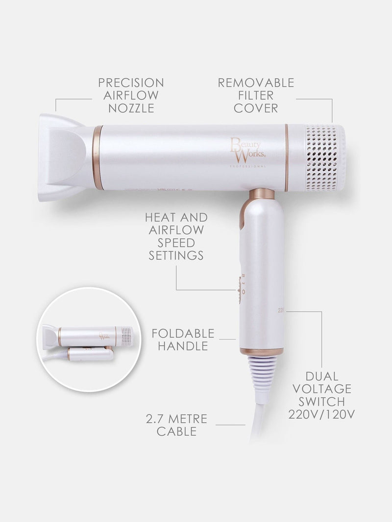 Beauty Works AERIS travel hair dryer compact foldable - British brand