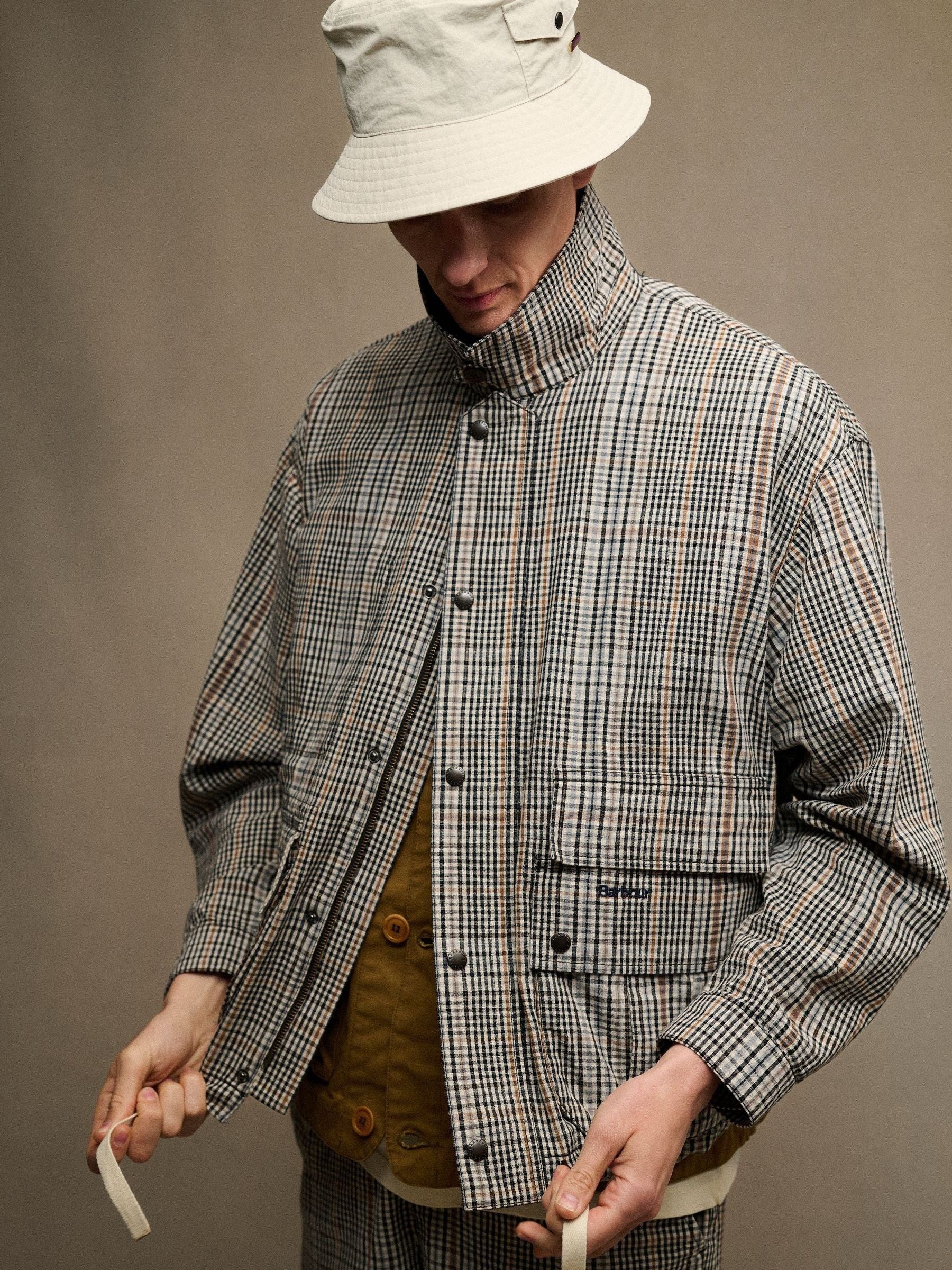 Barbour Natural Tracker showerproof bucket hat (British brand)