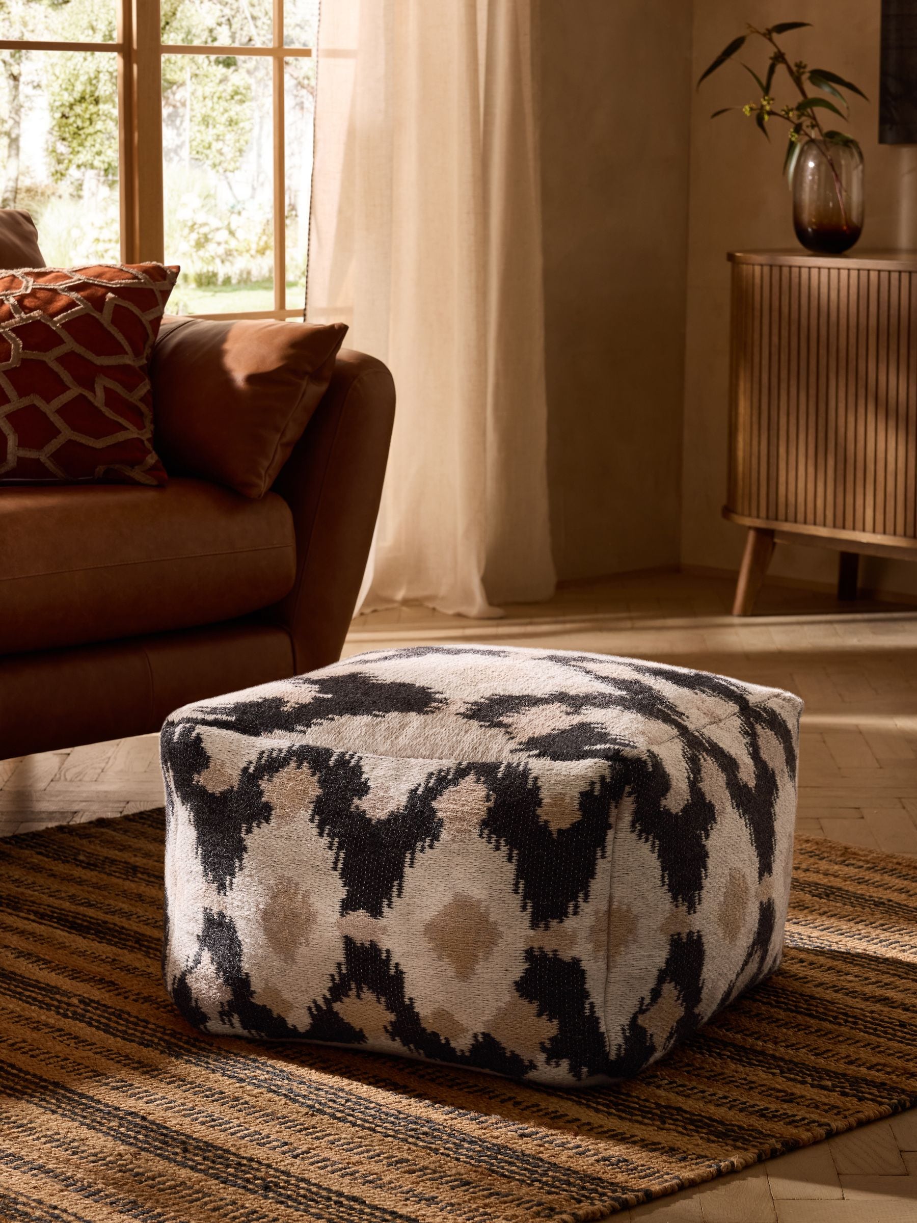 Natural woven ikat square pouffe 55cm (British brand)