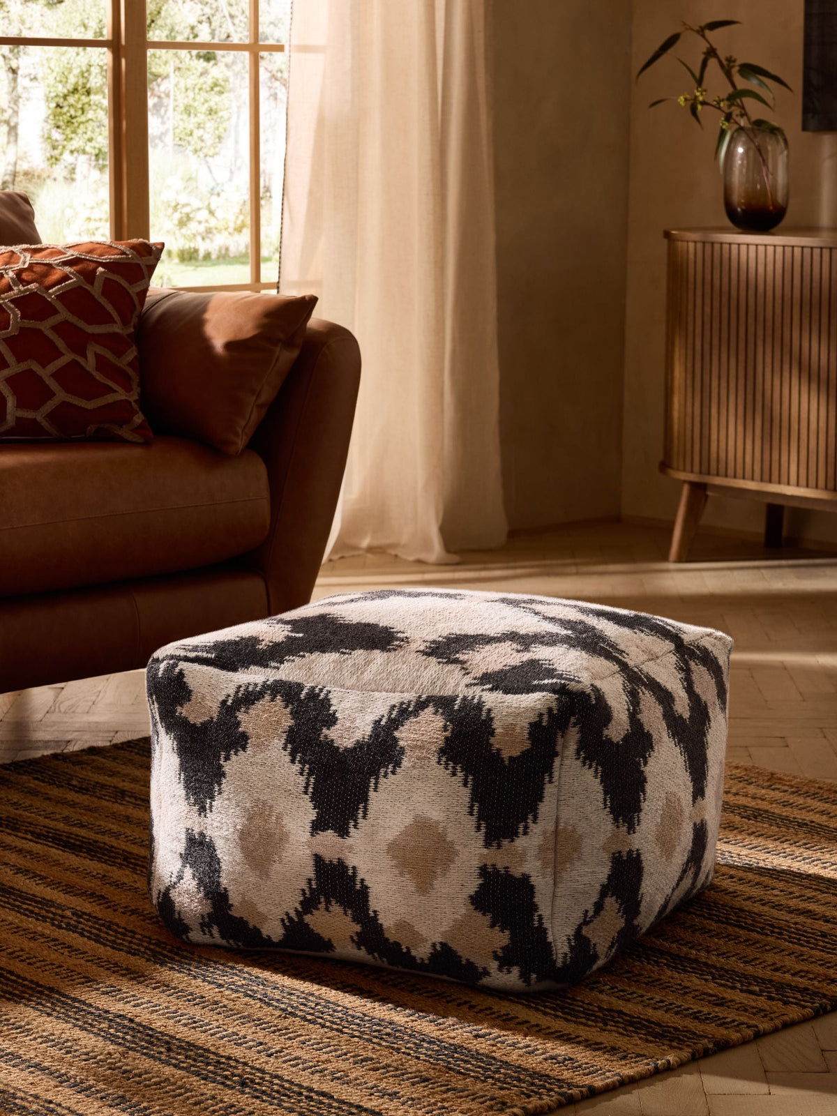 Natural woven ikat square pouffe 55cm (British brand)