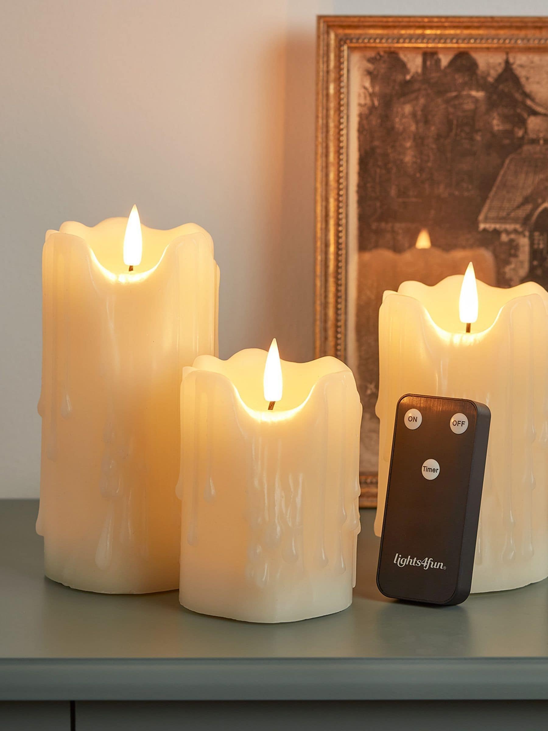 Lights4fun heavy dripping wax LED pillar candles trio, UK version
