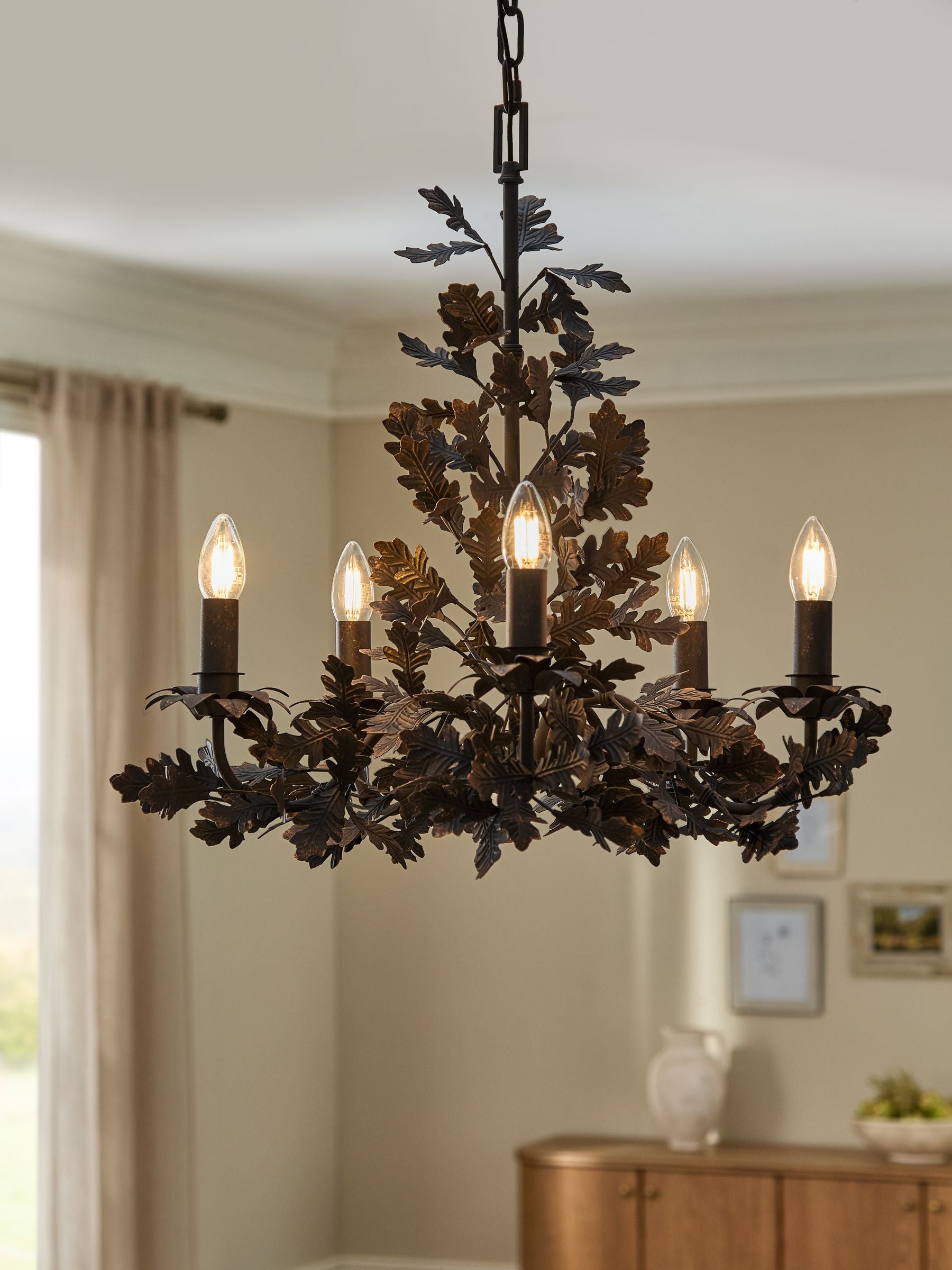 Black Evelyn chandelier dark slate grey metal oak leaves ceiling light, imported from the UK