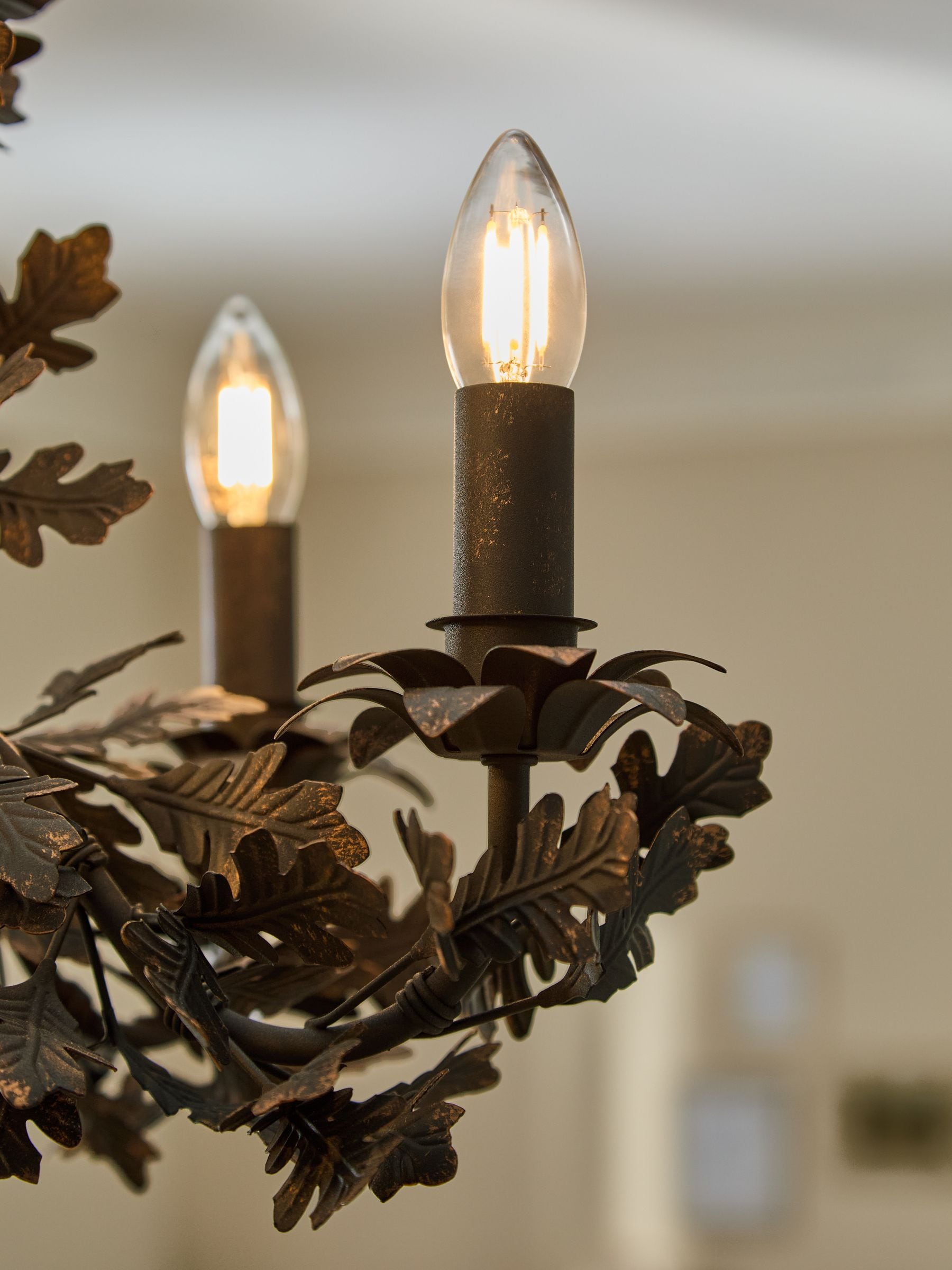 Black Evelyn chandelier dark slate grey metal oak leaves ceiling light, imported from the UK