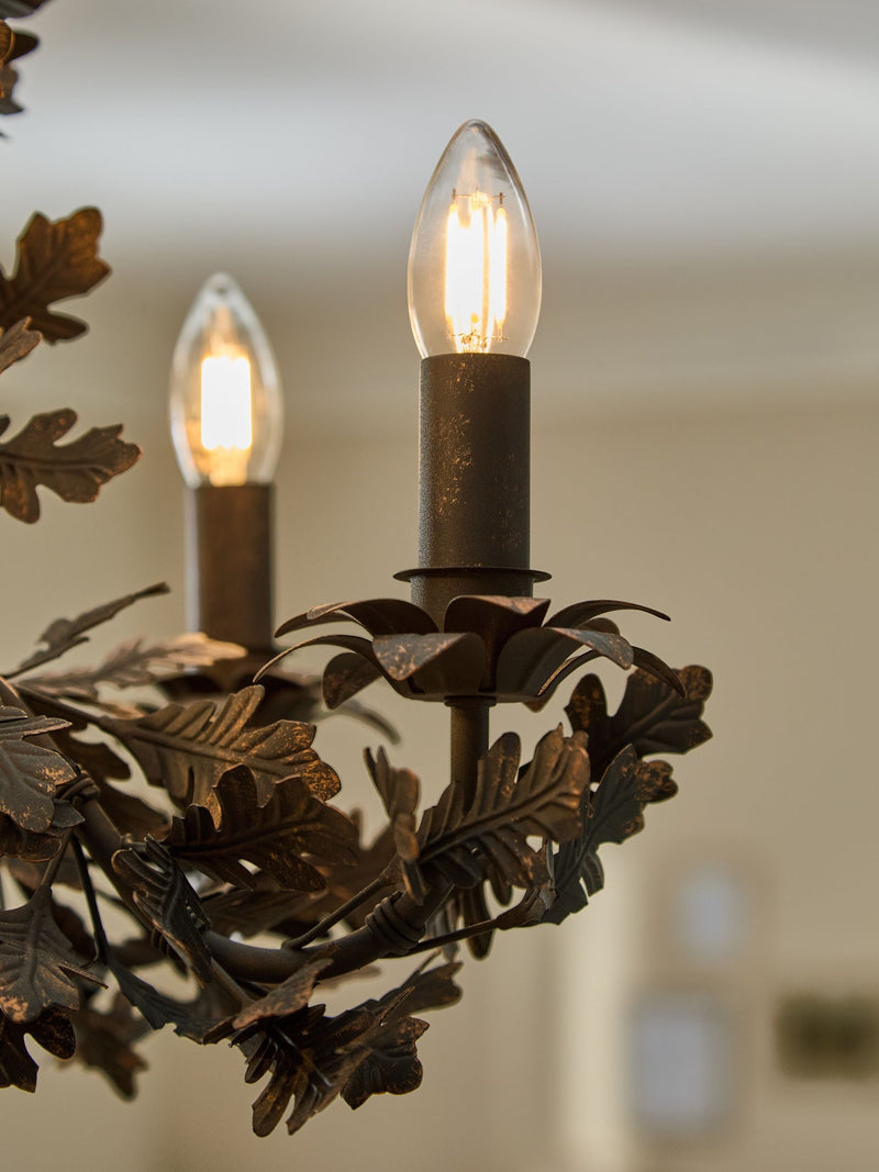 Black Evelyn chandelier dark slate grey metal oak leaves ceiling light, imported from the UK