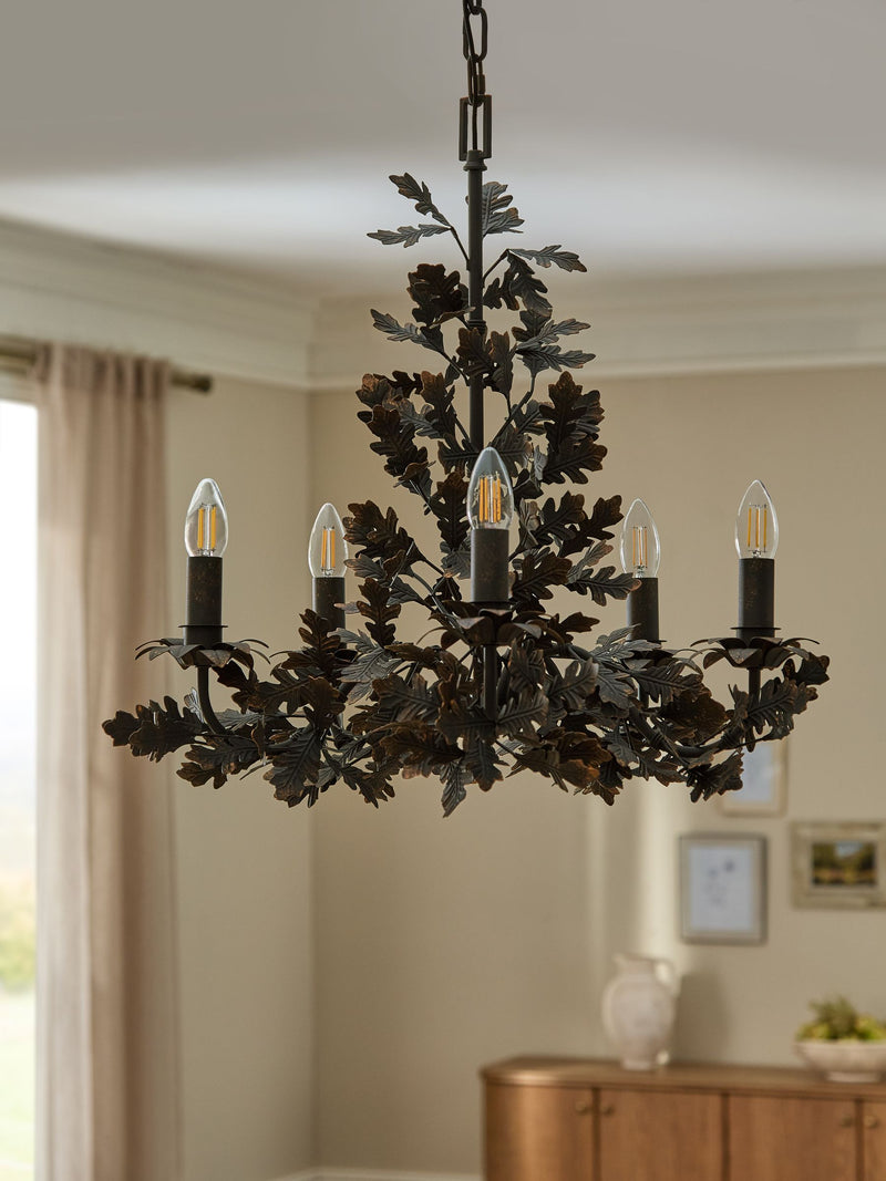 Black Evelyn chandelier dark slate grey metal oak leaves ceiling light, imported from the UK